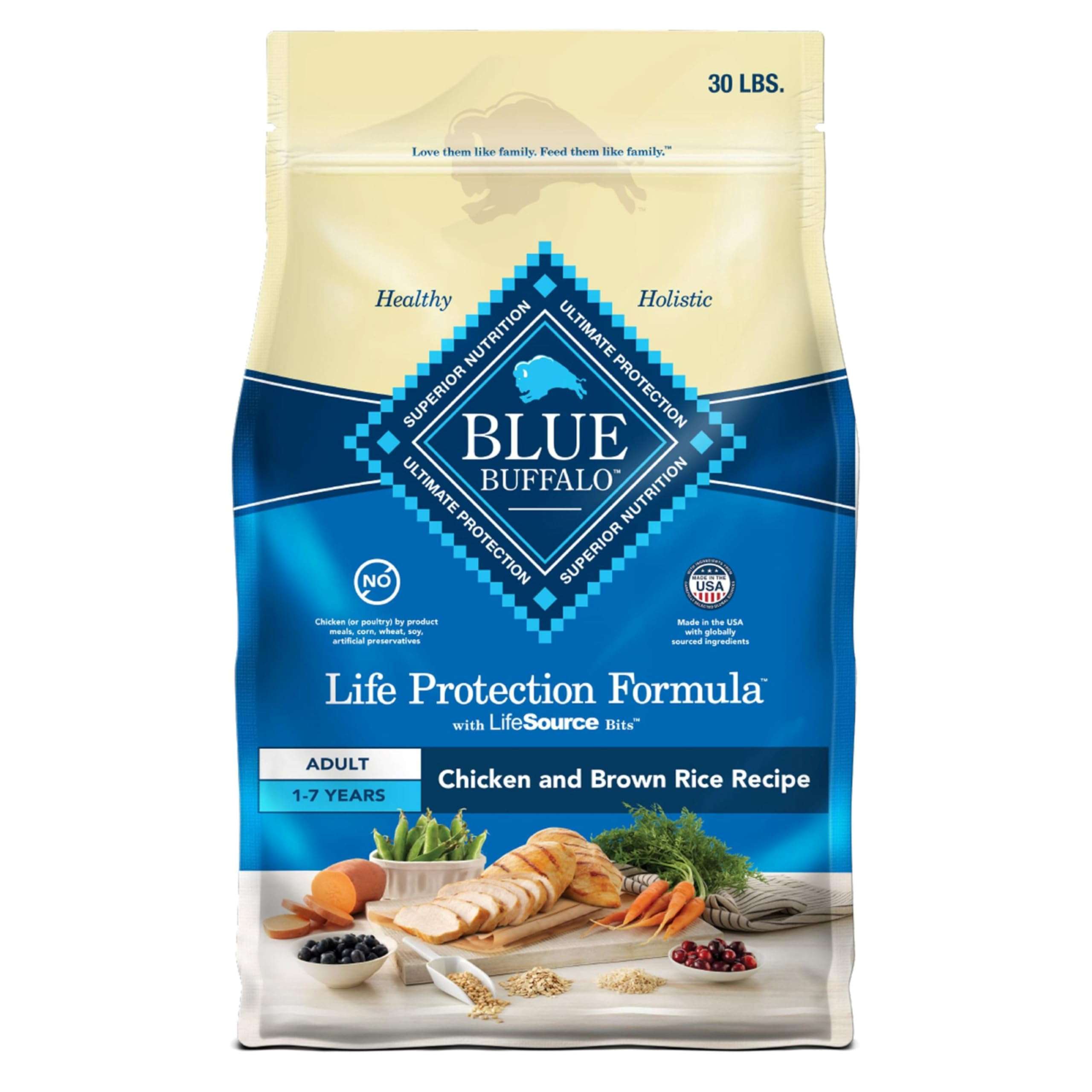 Blue Buffalo Life Protection Formula Adult Dry Dog Food, Helps Build and Maintain Strong Muscles, Made with Natural Ingredients, Chicken & Brown Rice Recipe, 30-lb. Bag - Image 1