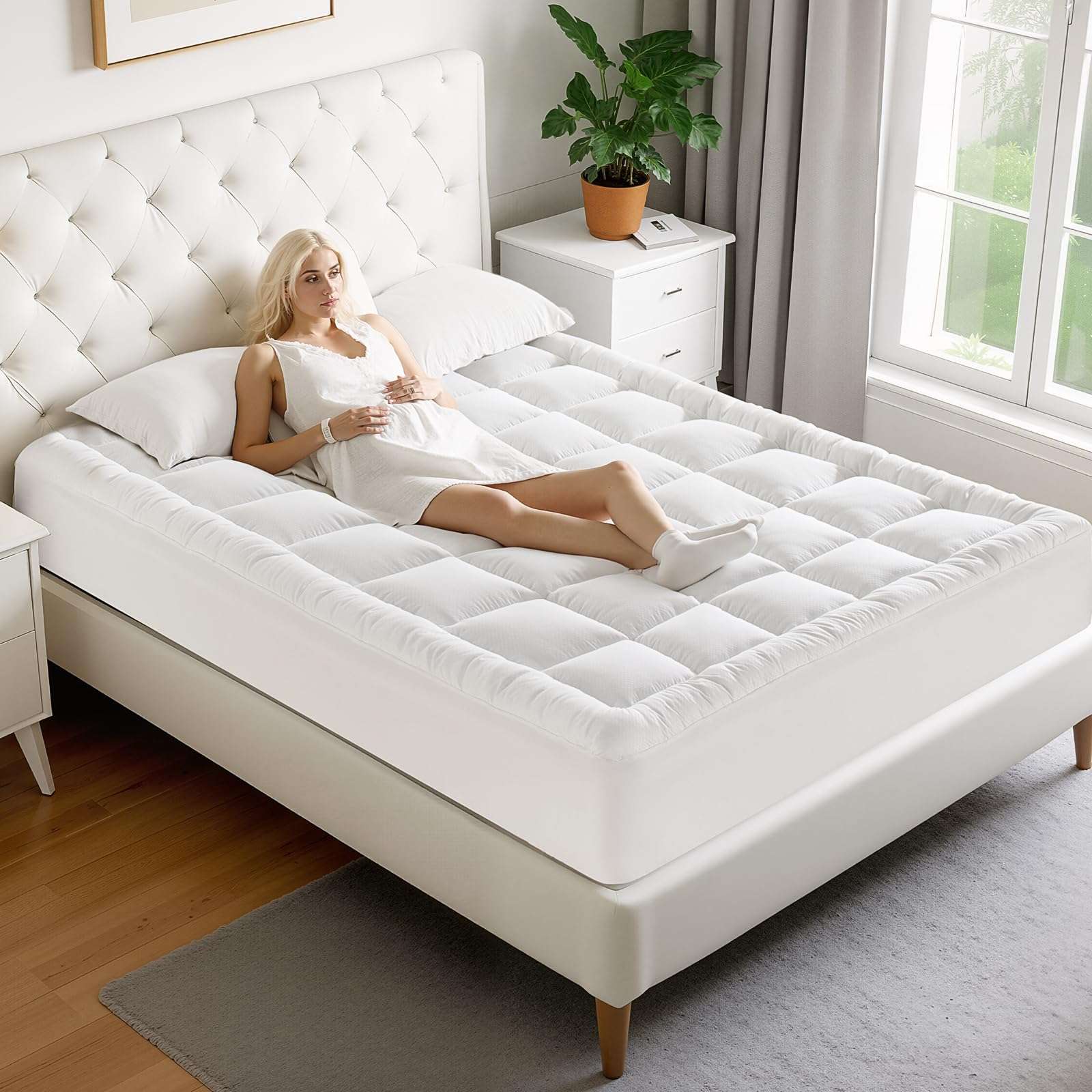 MATBEBY Queen Size Mattress Pad - Cooling Breathable Mattress Topper, Quilted Fitted Mattress Protector, Pillow Top Mattress Cover with 8-21" Deep Pocket, Soft, Machine Washable, White, 60x80 Inches - Image 2
