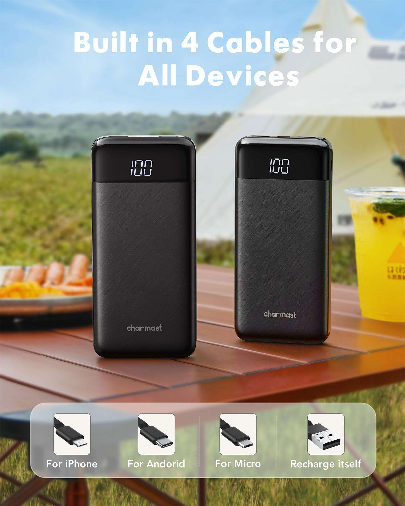 charmast Portable Charger with Built in Cables, Power Bank with Cords Wires, Slim 10000mAh Travel Battery Pack 6 Outputs 3 Inputs 3A Fast Charging for Samsung Google Pixel LG Moto iPhone iPad - Image 3