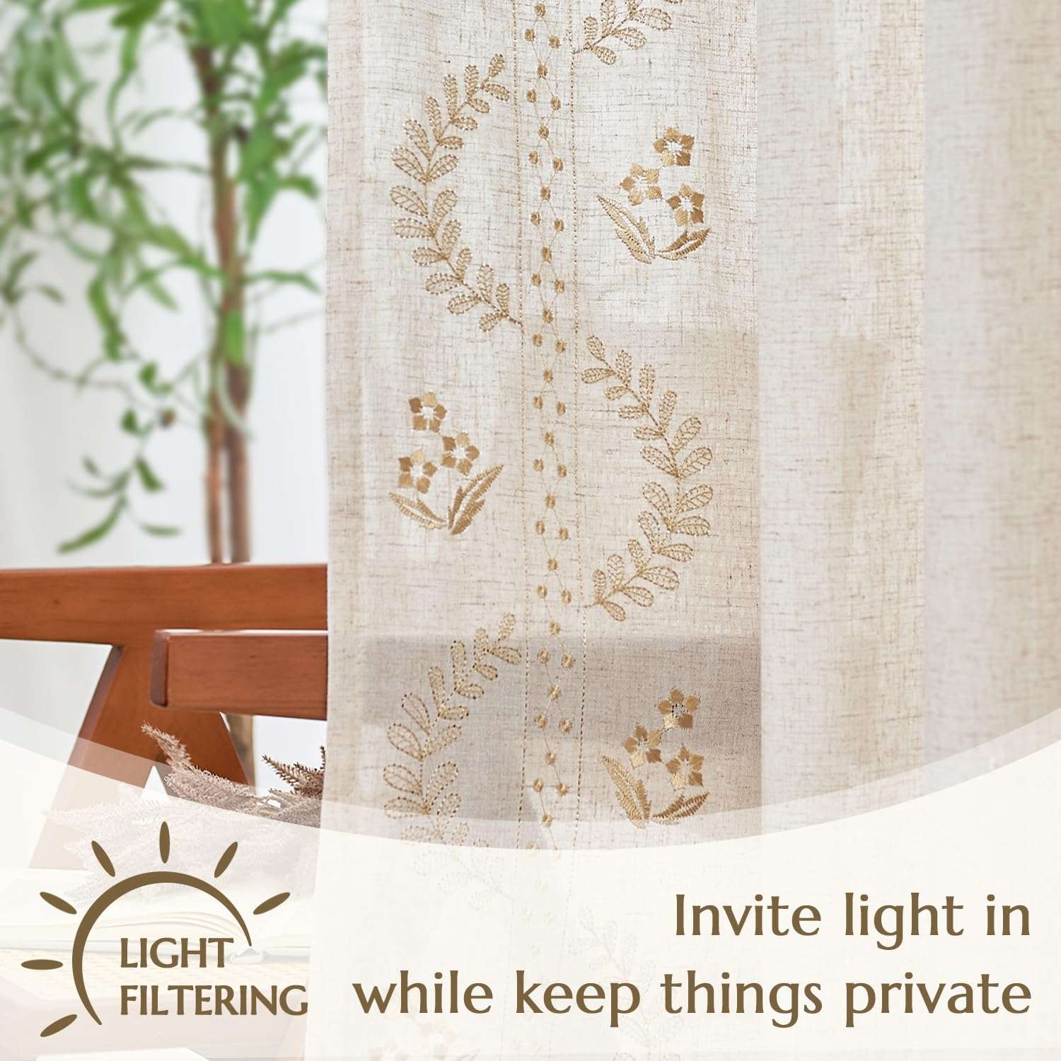 jinchan Belrose Linen Curtains for Bedroom Floral Curtains 84 Inch Length Linen Blend Beige Embroidered Drapes Farmhouse Flower Patterned Drapes for Living Room Window Treatments Set 2 Panels - Image 5