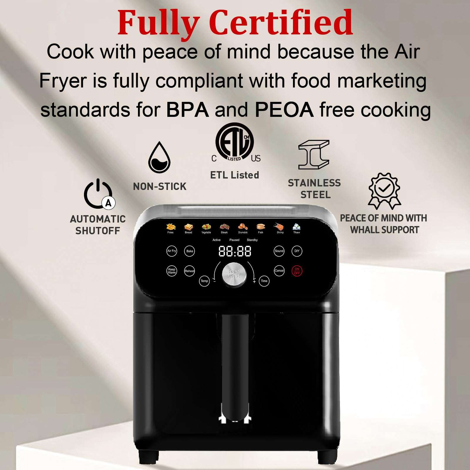 WHUTO 6QT Air Fryer Oven with LED Digital Touchscreen, 12 Preset Cooking Functions Air fryers, Bake, Reheat, Keep Warm, Nonstick and Dishwasher-Safe Basket, Stainless Steel/Black - Image 6