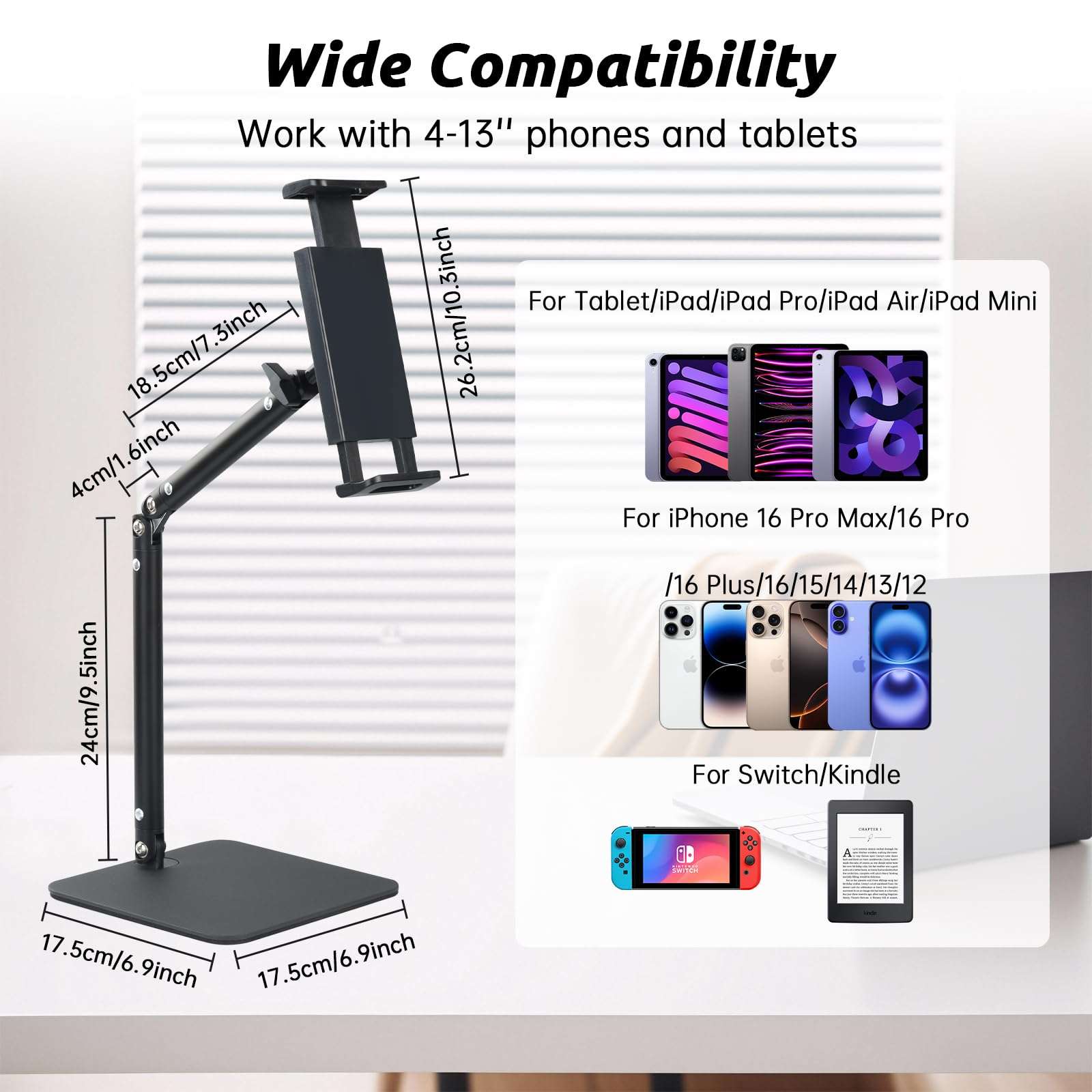 UTEBIT Tablet Stand for Desk, Adjustable Angle Height Cell Phone Holder 360° Rotation Foldable Phone Stand Office Desk Accessories Compatible with 4''-13'' Smartphones iPhone iPad Air Kindle (Black) - Image 7