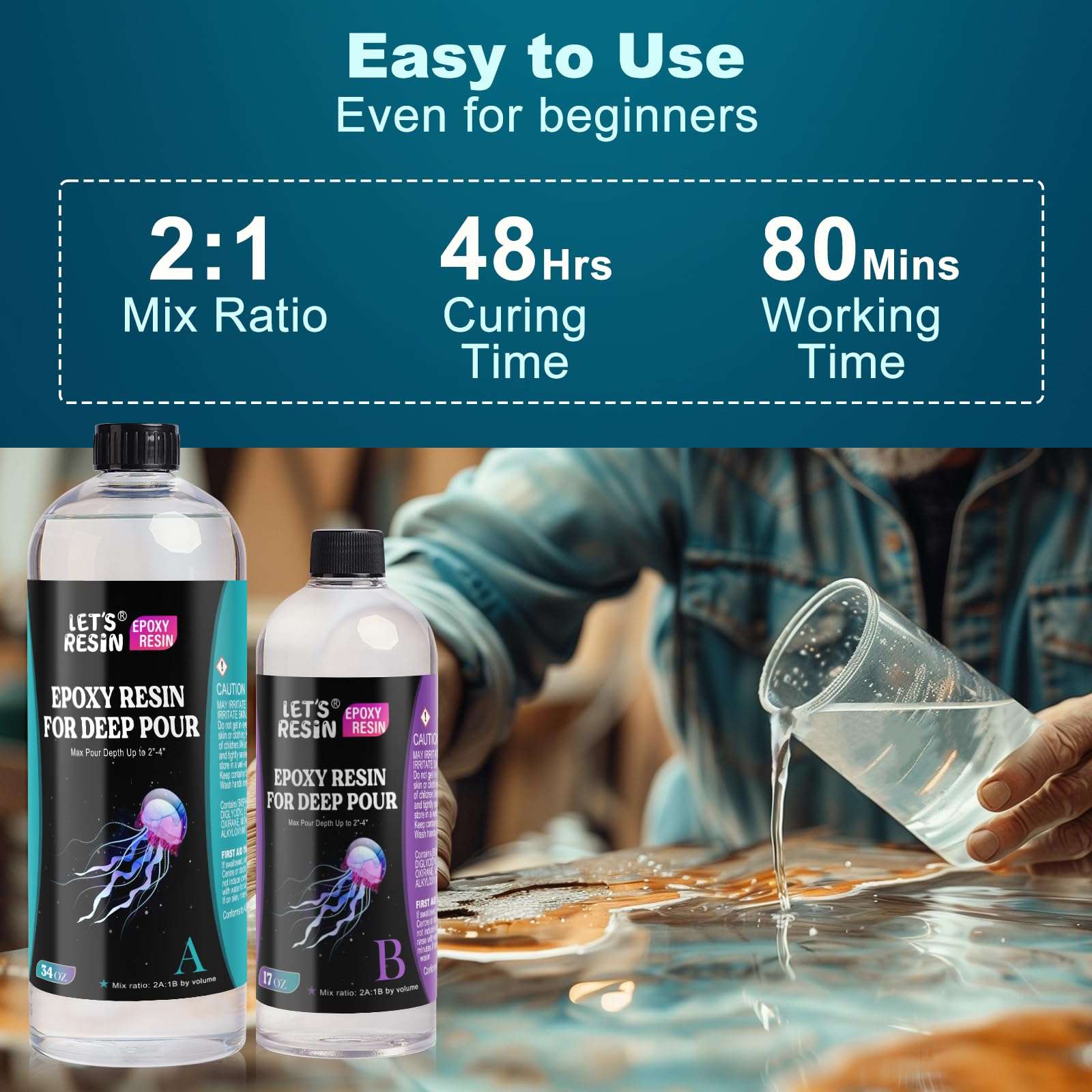 LET'S RESIN EPOXY RESIN Deep Pour Epoxy Resin, 51OZ 2-4 inch Clear Epoxy Resin Kit,Bubble Free Low Odor 2:1 Low Viscosity Casting for River Table,Wood,Flower Preservation, Art Crafts - Image 3
