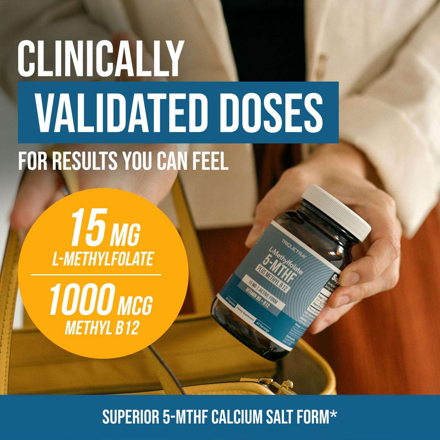 L Methyl Folate 15mg Plus Methyl B12 Cofactor – High Potency, Active 5-MTHF Form - Supports Mood, Methylation, Cognition – Bioactive Forms of Vitamin B9 & B12 (60 Capsules – 60 Servings) - Image 3