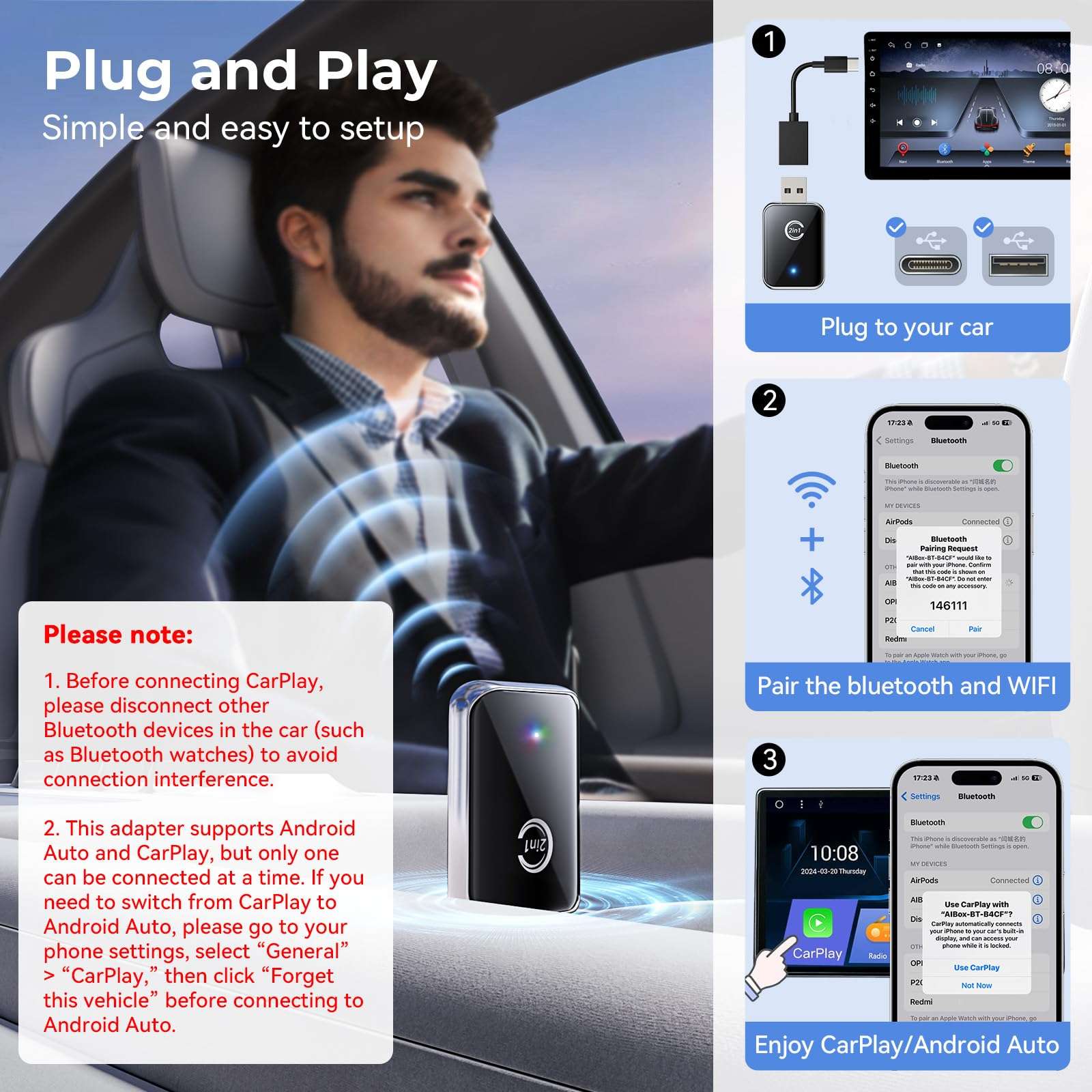 Wireless Carplay Adapter for iPhone, Convert Wired Carplay to Wireless, 2 in 1 Plug and Play Android Auto and Carplay Adapter for iOS 10 Android 11 and Above, Cars with Built-in Carplay (Silver) - Image 2