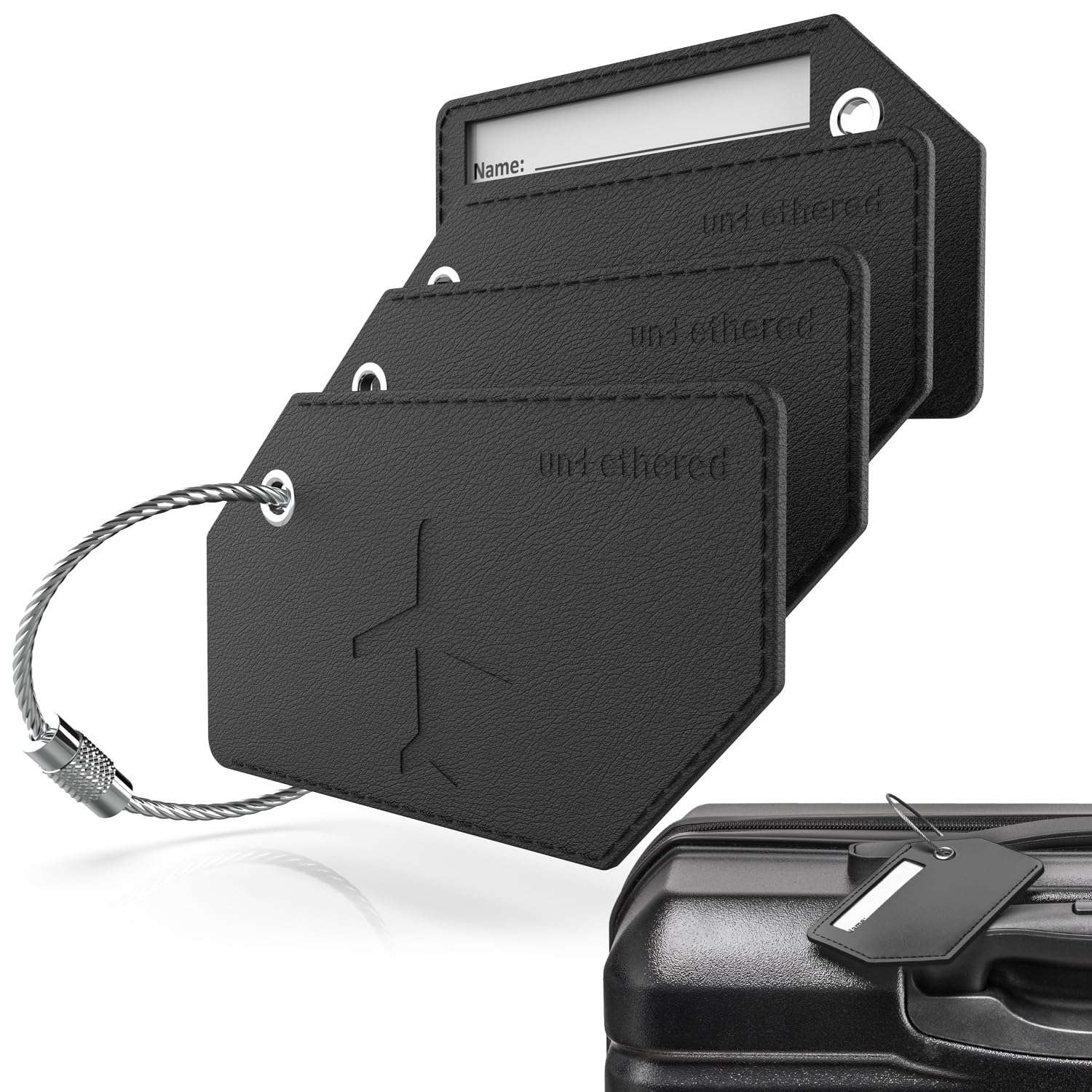 Untethered 4-Pack Luggage Tag Set | Durable Luggage Tags for Suitcases & Travel Bags | Bag Tag & Name ID Identifiers | Suitcase Tags for Easy Luggage Identification (Black Leather - 4 Pack) - Image 1