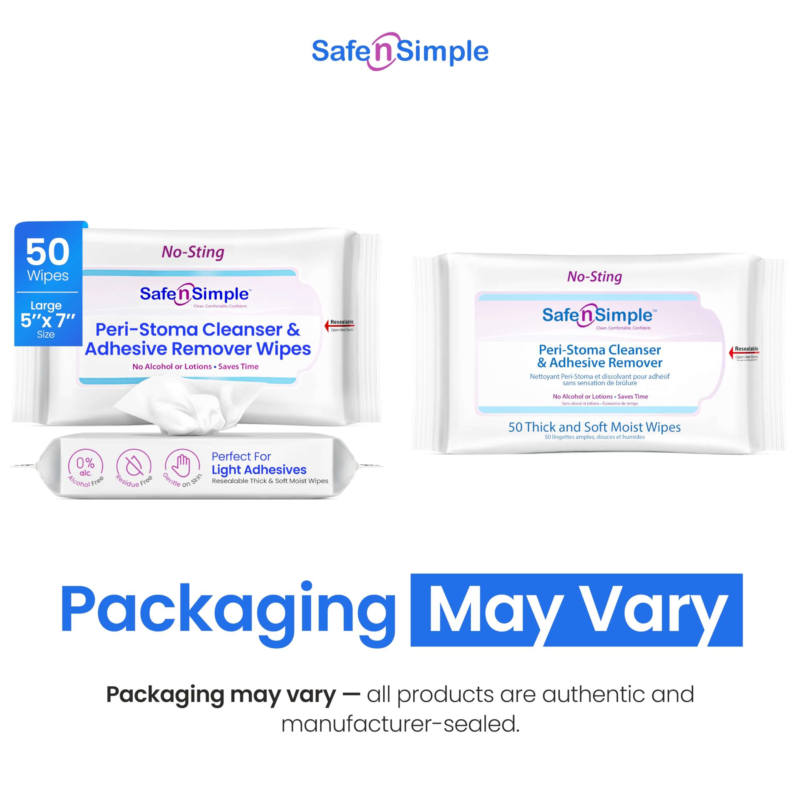 Safe n’ Simple Resealable Adhesive Remover Wipes for Skin - 50 Large 5"x7" No Sting Alcohol Free Medical Adhesive Remover Pads for Ostomy, Stoma Care - Gentle Adhesive Removal Wipes for Bandages, Tape - Image 2