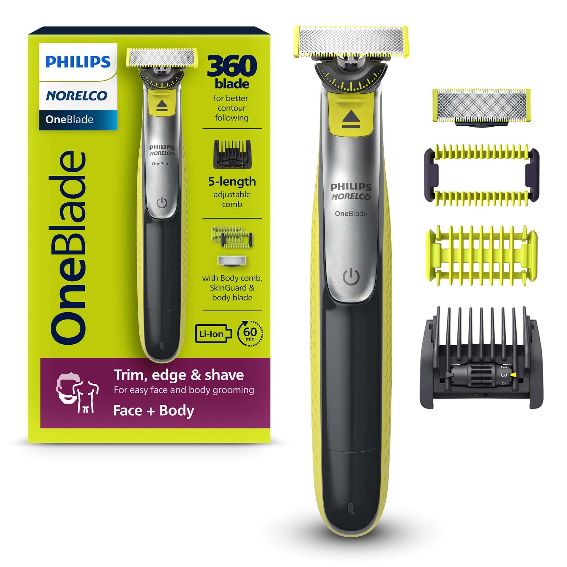 Philips Norelco OneBlade 360 Hybrid Blade for Face + Body, Electric Beard Trimmer, Shaver and Groomer, with 360 Blade Technology, 5in1 Adjustable Comb, 1x Body Kit, Model QP2834/70, Black/Lime Green - Image 1