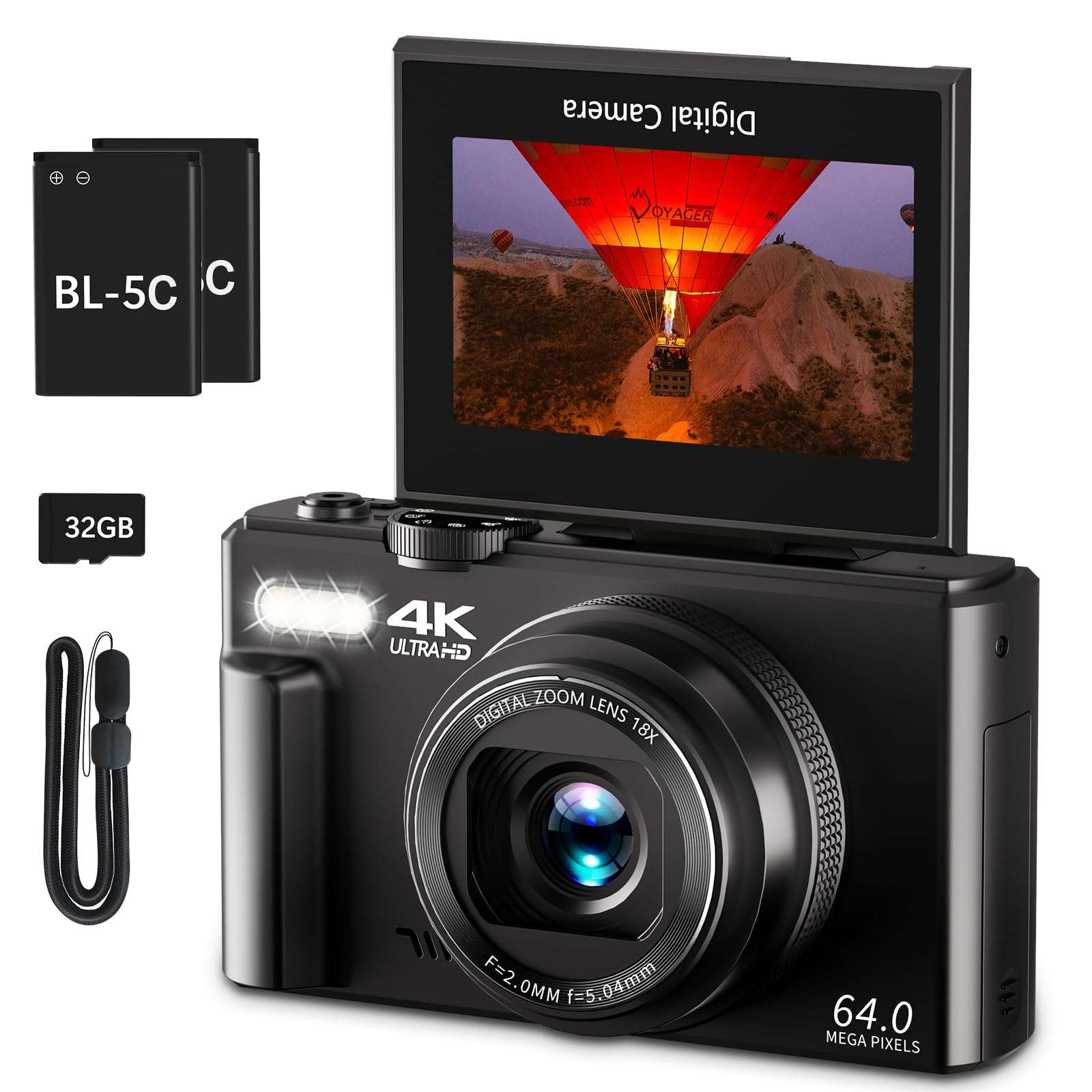 4K Digital Camera for Photography, 64MP Vlogging Camera for YouTube with 3" 180° Flip Screen, 18X Digital Zoom Point and Shoot Camara with 32GB Micro SD Card for Beginner (Black) - Image 1