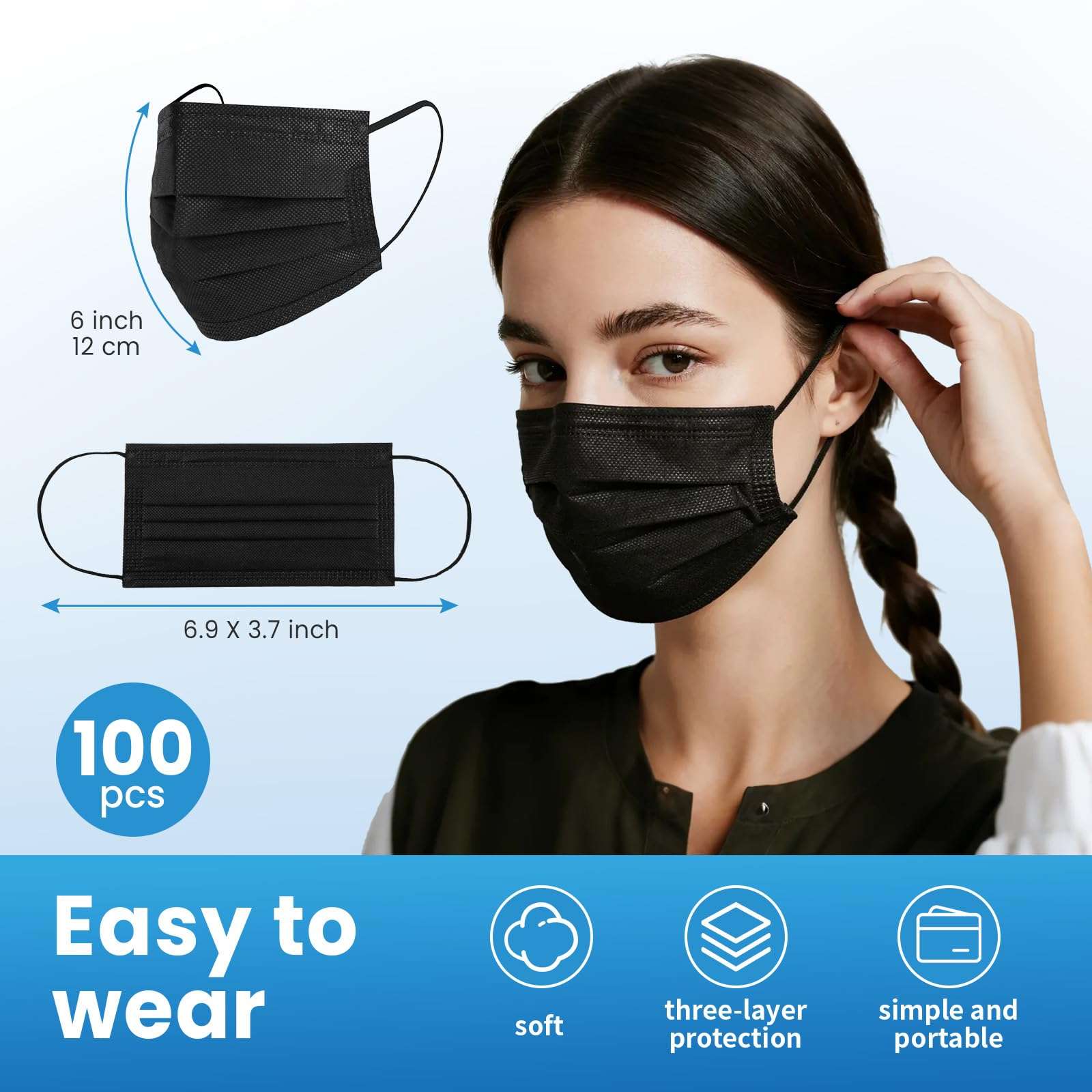 Borje Disposable Face Mask, 100 PCS Black Masks, 3 Ply Protection Face Masks - Image 4