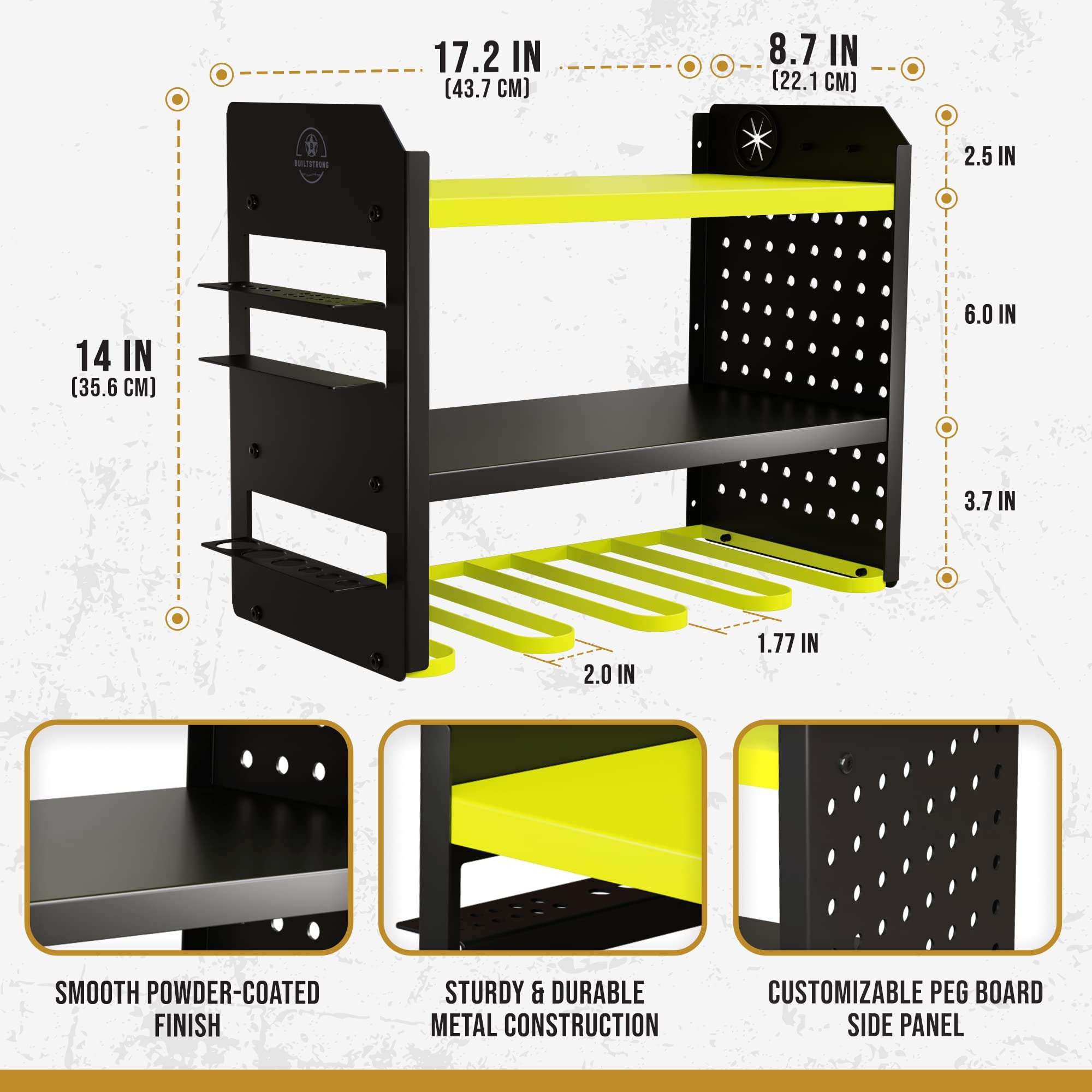 BUILTSTRONG Heavy-Duty Metal Tool Storage Rack - 3-Tier Wall Mount Organizer, Drill Holder, Utility Racks, PegBoard Side, Garage Storage (Green) - Image 3