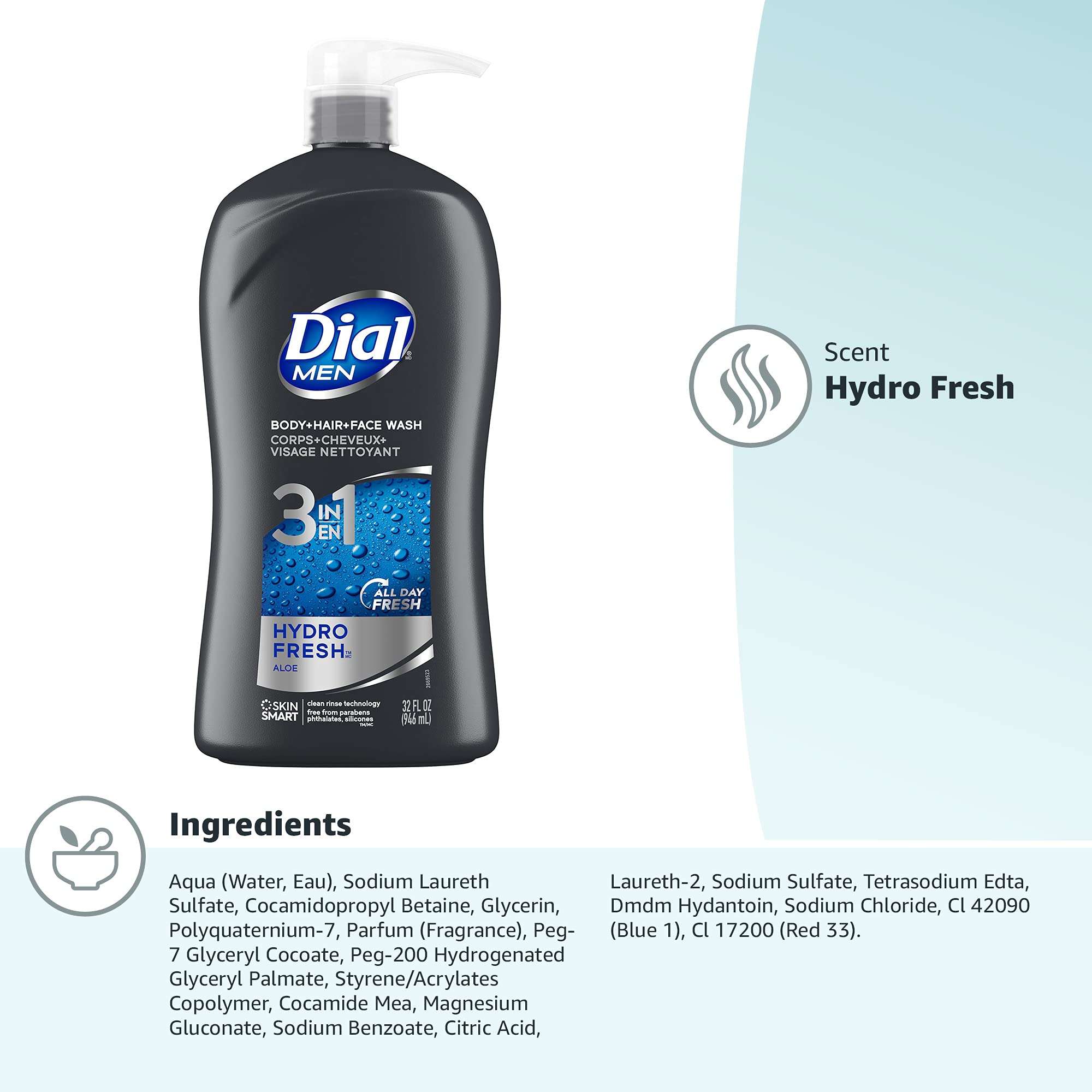 Dial Men 3in1 Body, Hair and Face Wash, Hydro Fresh, 32 fl oz - Image 12
