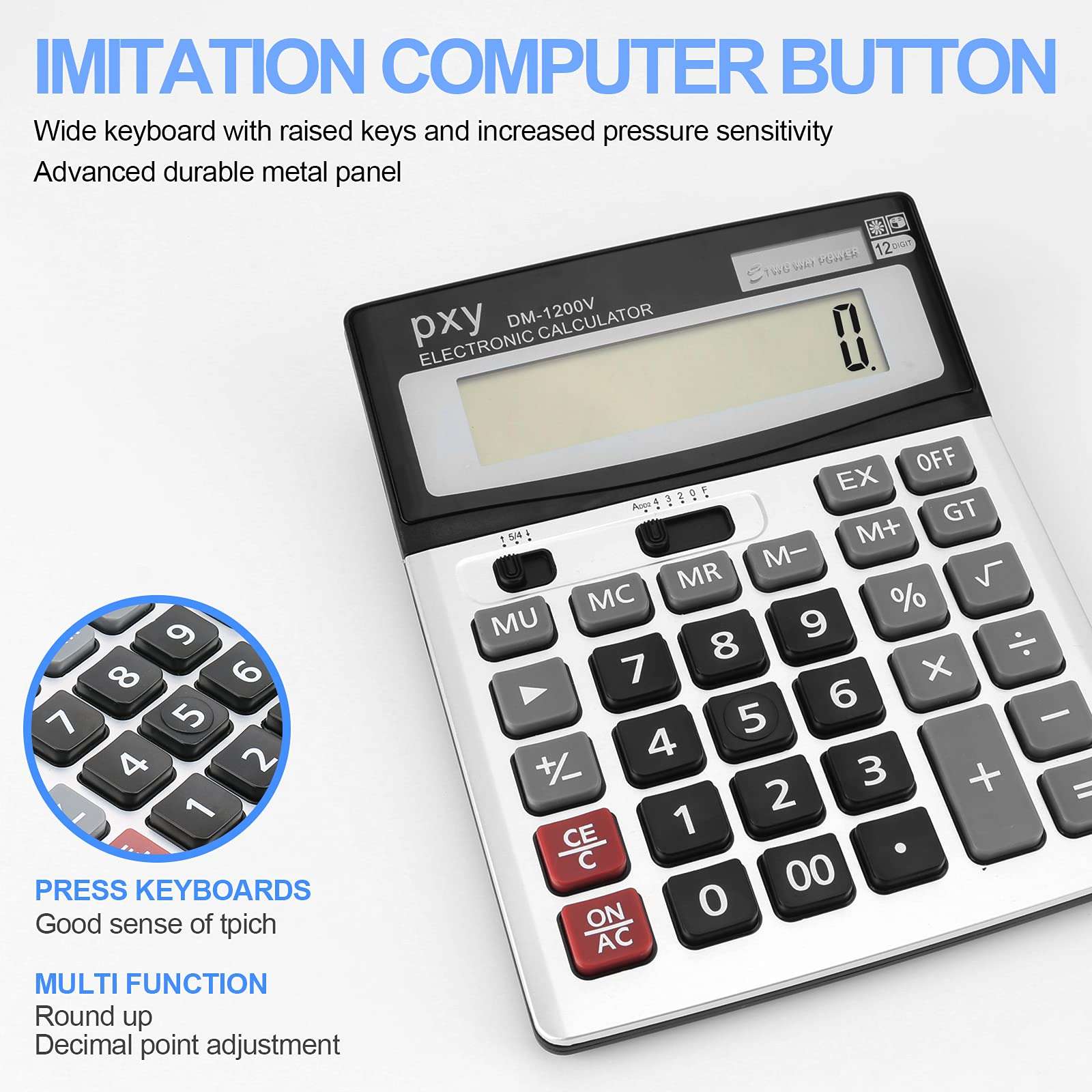 Desk Calculator 12 Digit Extra Large LCD Display, Touch Comfortable with Big Buttons, PXY Two Way Power Battery and Solar Standard Function Office Calculators - Image 5