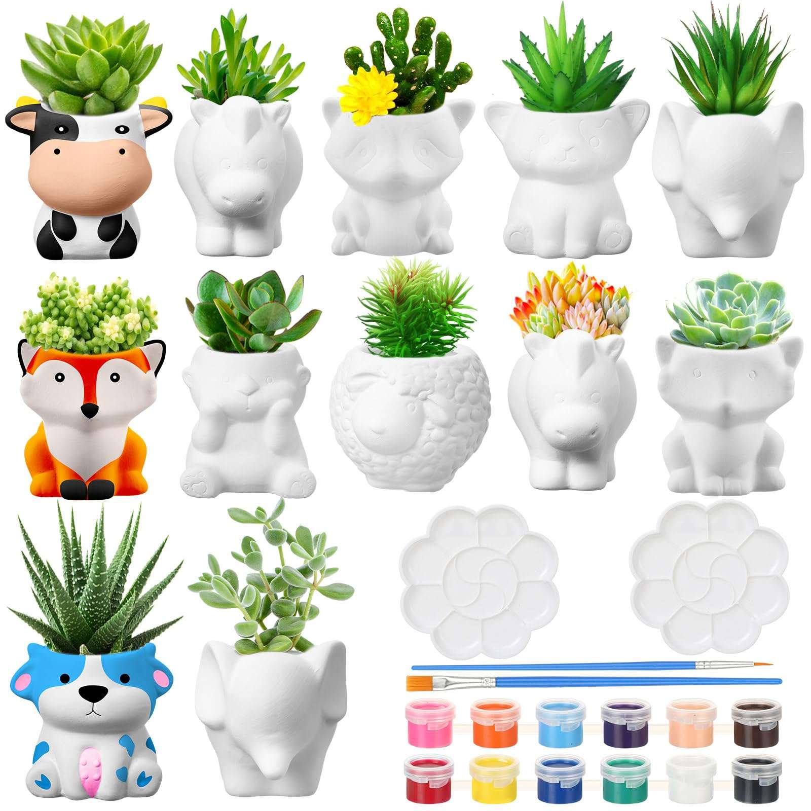 Hushee 12 Sets DIY Ceramic Succulent Pots Ready to Paint Animal Planters Unpainted Plant Flower Pots Bulk with Drainage Hole and Bisque Paint for Kids Adults Craft Christmas - Image 1