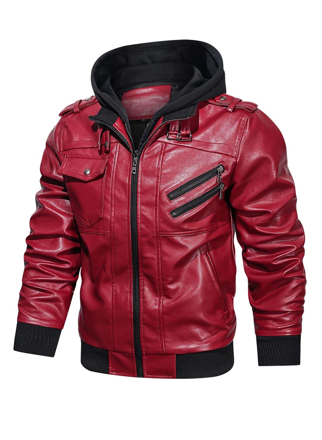 HOOD CREW Men’s Casual Stand Collar PU Faux Leather Zip-Up Motorcycle Bomber Jacket With a Removable Hood - Image 2