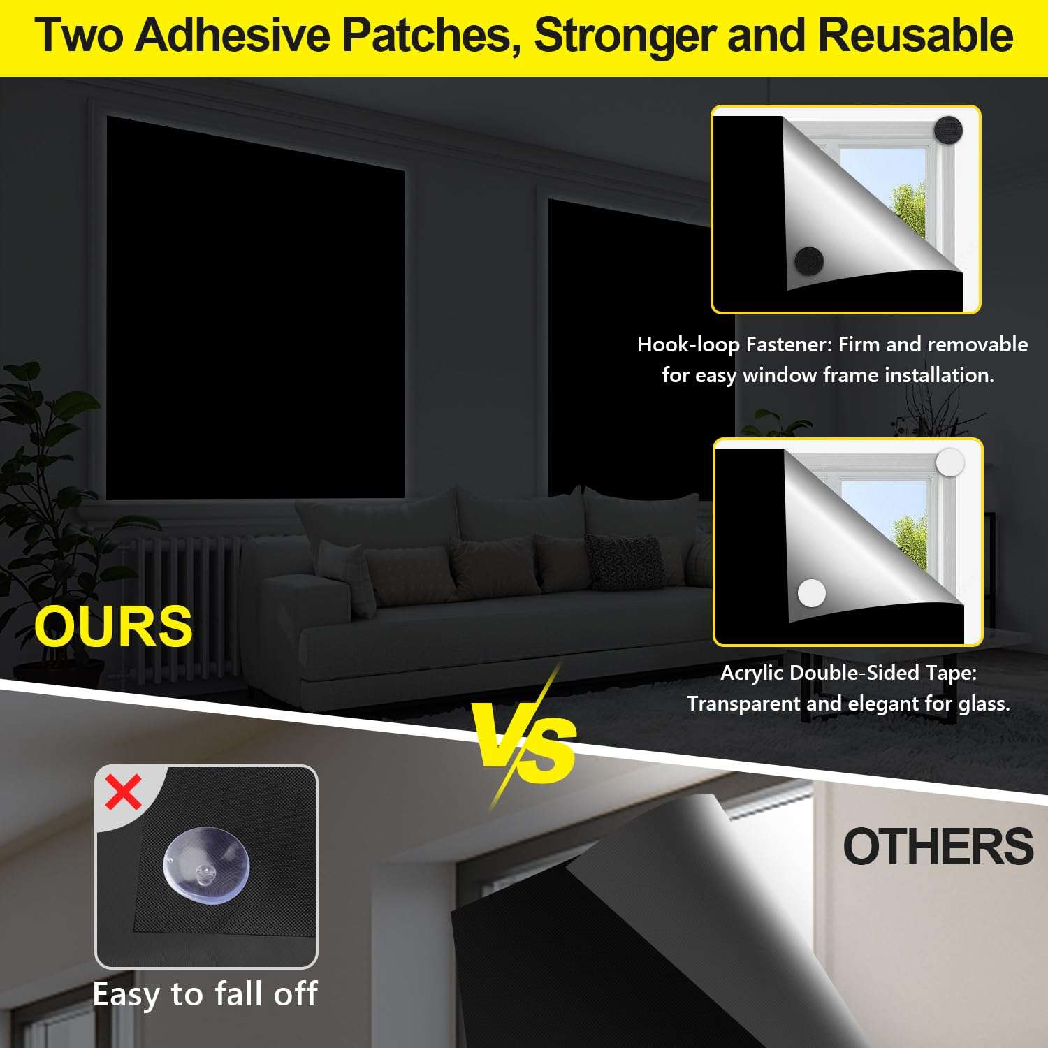 FADOTY Blackout Curtains for Bedroom, Portable 100% Black Out Window Cover Film, Cuttable Blackout Shades Fabric Sheet, No Drill Window Blinds, Sun Heat Light Blocker for Travel Media Dorm, 57'' W - Image 4