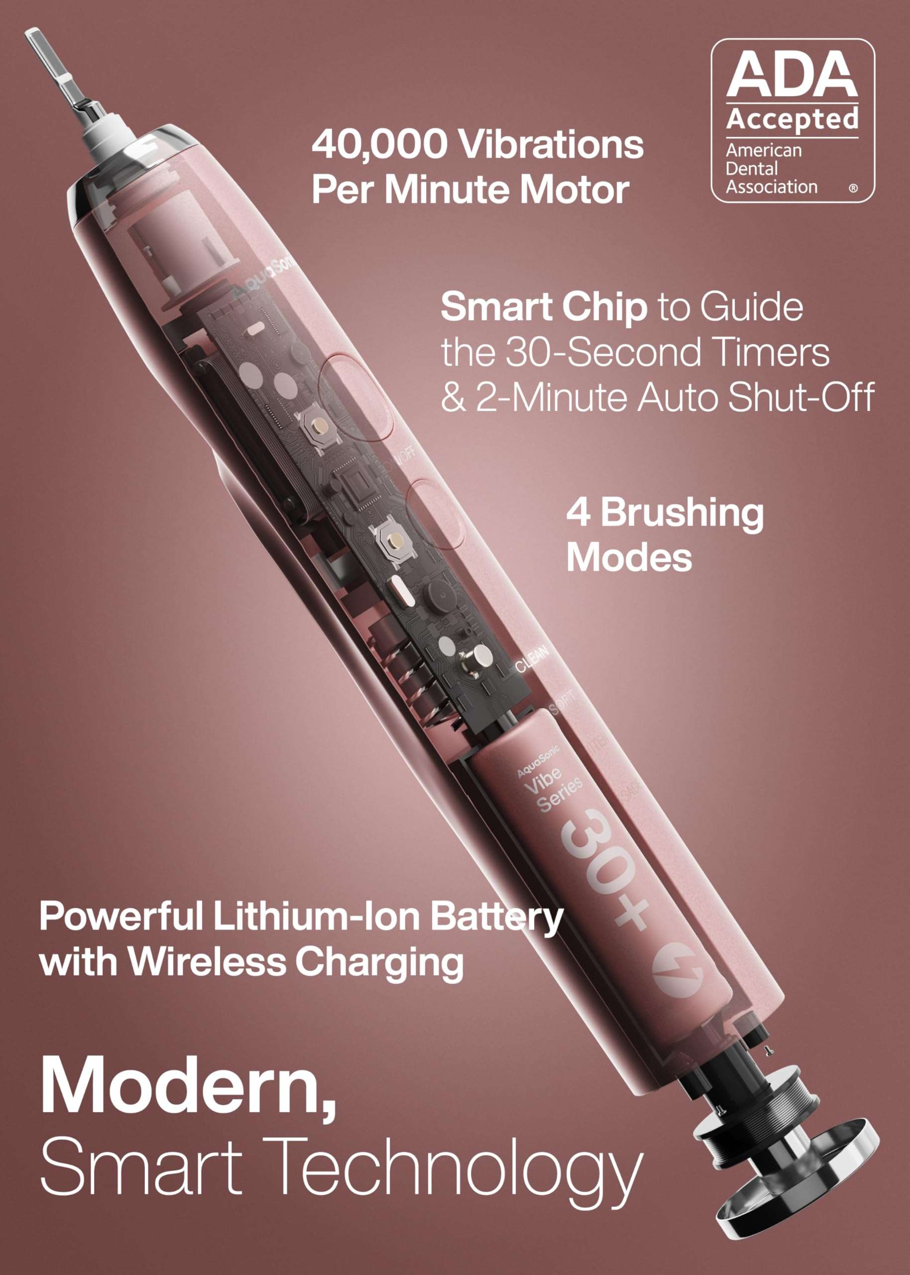 Aquasonic Vibe Series Ultra-Whitening Toothbrush – ADA Accepted Electric Toothbrush - 8 Brush Heads & Travel Case – 40,000 VPM Motor & Wireless Charging - 4 Modes w Smart Timer – Satin Rose Gold - Image 2