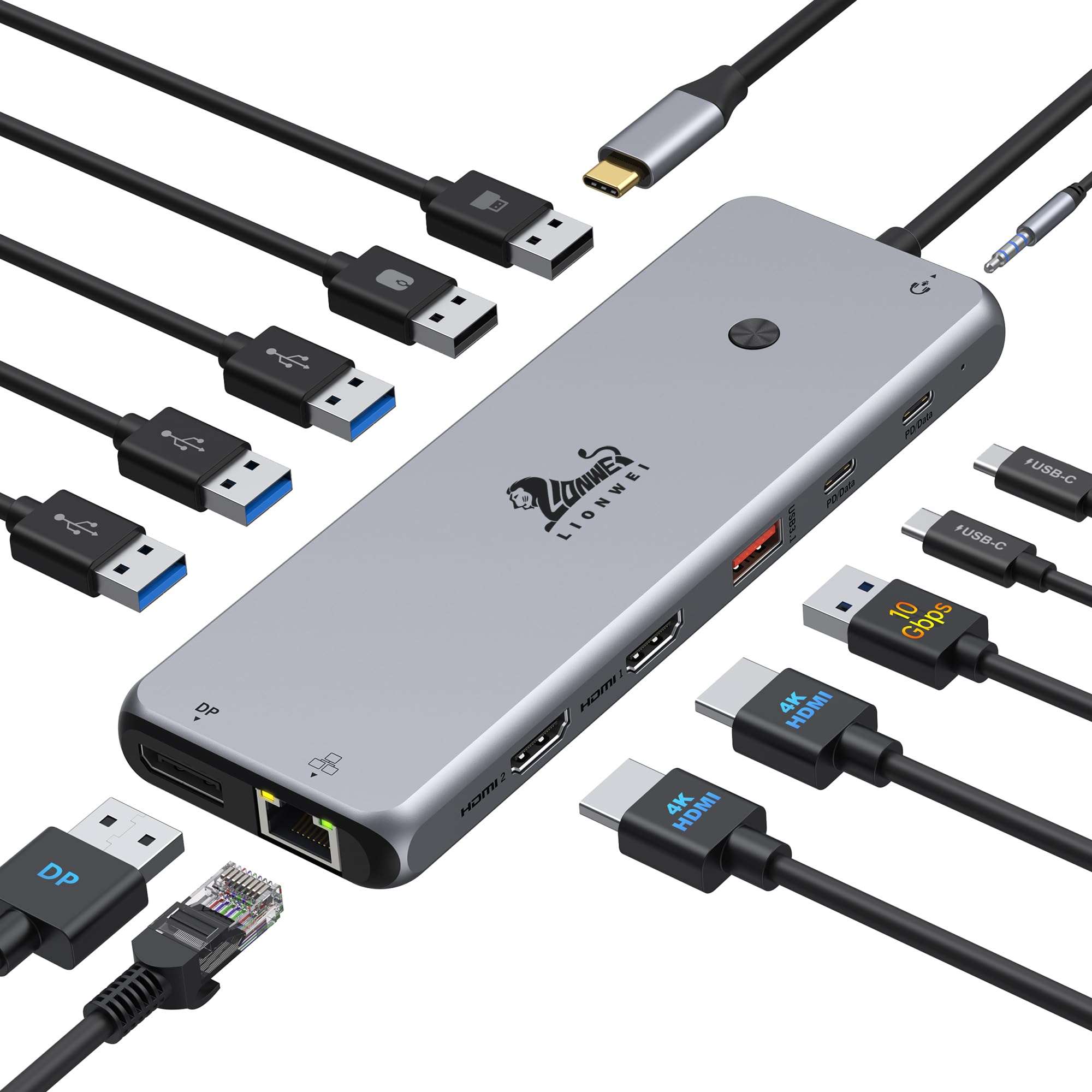 13 in 1 USB C Docking Station - Dual Monitor, Triple Display, 8 USB C/A Ports, Ethernet, Audio - LIONWEI USB C Hub for MacBook,Dell,HP,Lenovo,Surface - Image 1