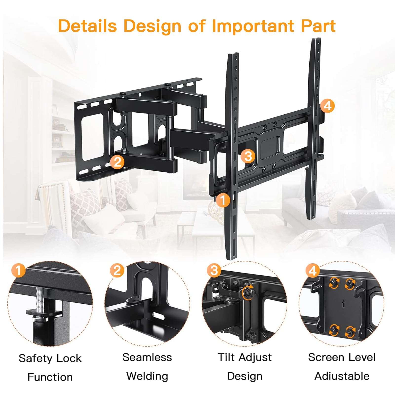 Perlegear TV Wall Mount Bracket Full Motion for 26-65 Inch LED, LCD, OLED Flat Curved TVs, TV Mount with Dual Swivel Articulating Arms Extension Tilt, Max VESA 400x400mm Fits 12/16" Wood Stud - Image 5