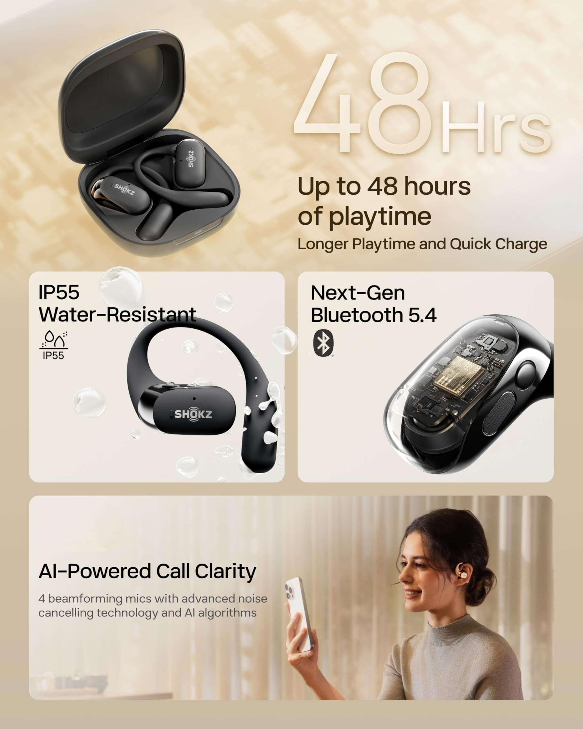 SHOKZ New OpenFit 2 Open-Ear Headphones, True Wireless Bluetooth Earphones with Microphone, Earhook Earbuds with 48 Hours of Playtime, Fast Charging, IP55 Water-Resistant, with Carrying Bag, Black - Image 9