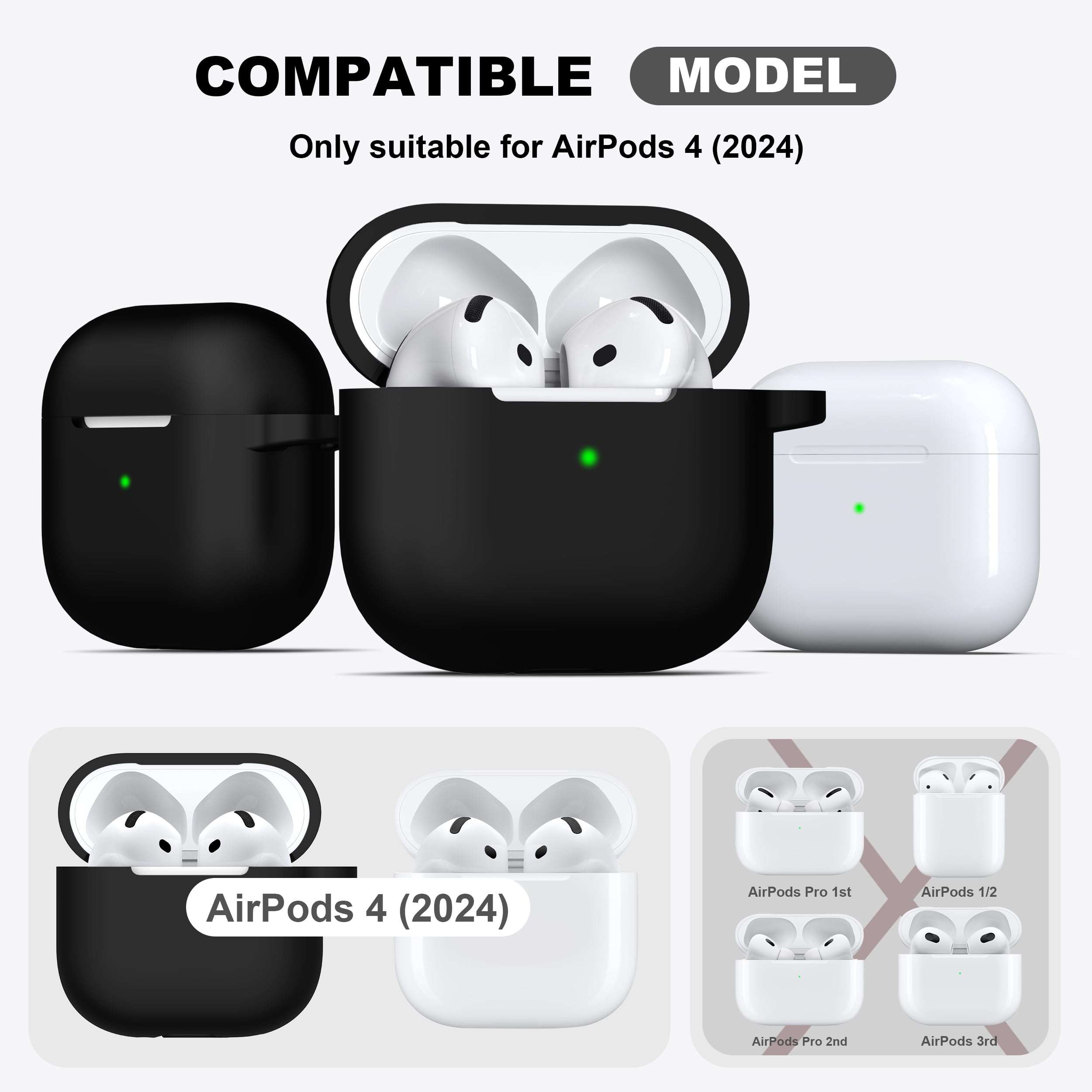 R-fun for AirPods 4 Case with Cleaner Kit,Full Protective Soft Skin Silicone Cover with Keychain for AirPods 4 Gen Case for Men Women,Compatible with Apple AirPods 4th Genaration case 2024,Black - Image 4