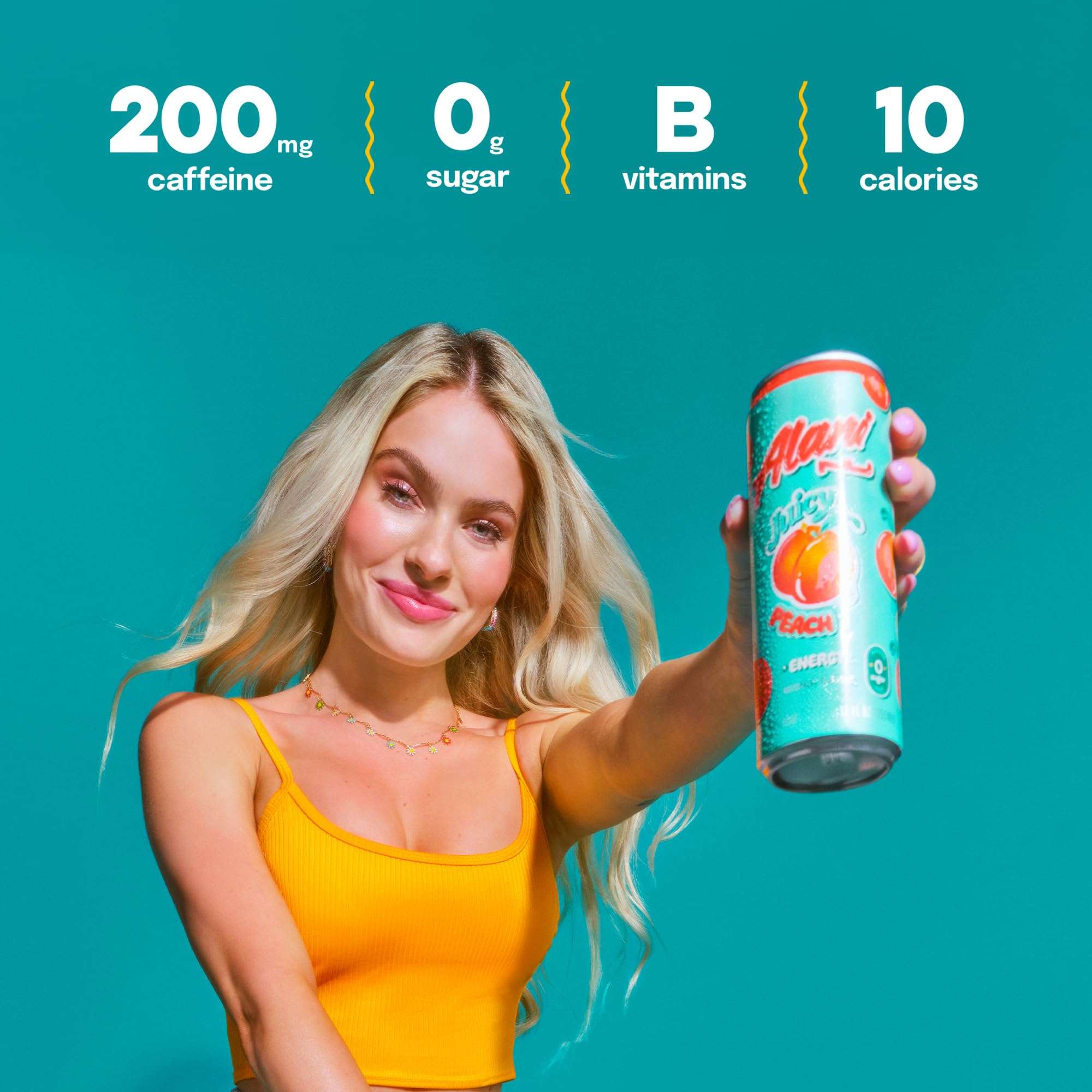 Alani Nu JUICY PEACH, Sugar Free, Low Calorie Energy Drinks, 200mg Caffeine, Biotin, B Vitamins, Zero Sugar, 10 Calories, 12 Fl Oz Cans, 12 Pack - Image 4