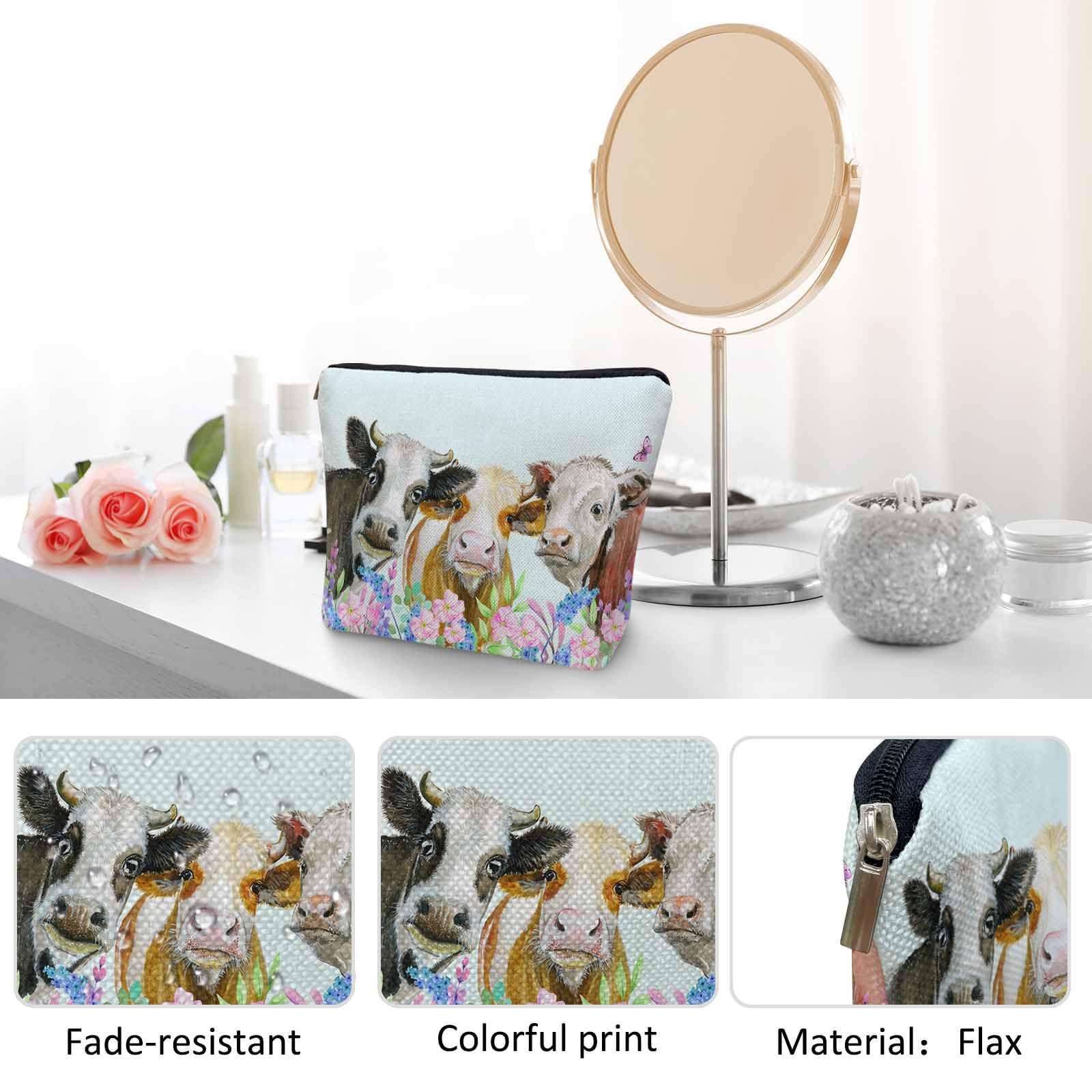 Kalygon Cow Makeup Bags Makeup Organizer, Farm Cows Cute Milk Cattle Flowers Flax Toiletry Bags Travel Cosmetic Bag Makeup Purse Pouch Skincare Bag Wallet Bags For Women Female Mom Daughter - Image 5