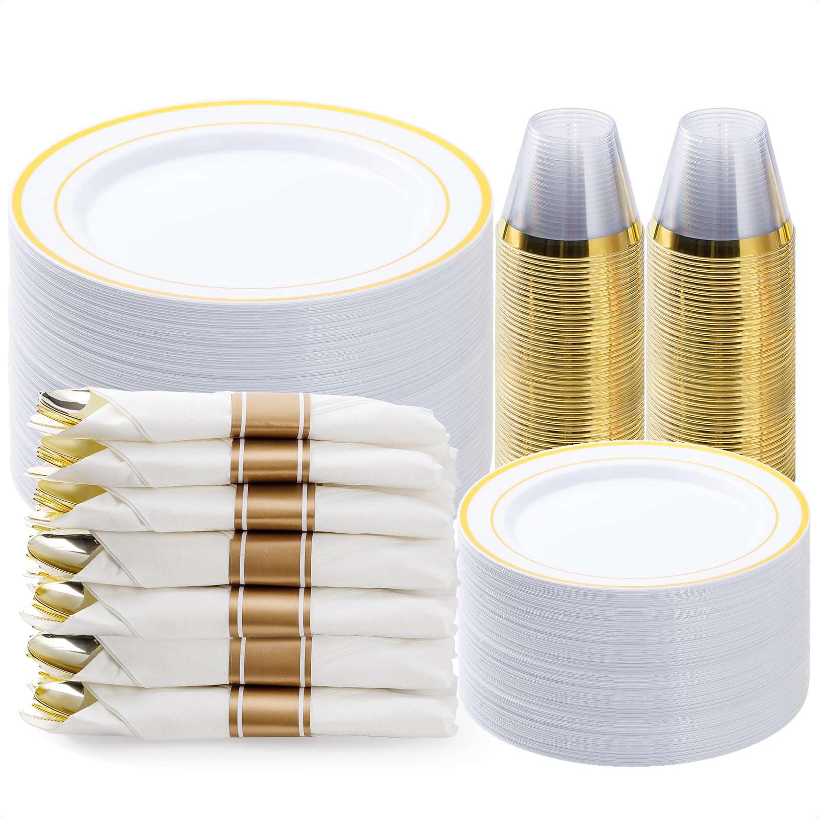 BESTVIP 350PCS Gold Plastic Dinnerware Set, Disposable Party Plates for 50 Guests, Include: 100 Plastic Plates, 50 Pre Rolled Napkins with Gold Silverware, 50 Cups - Image 1