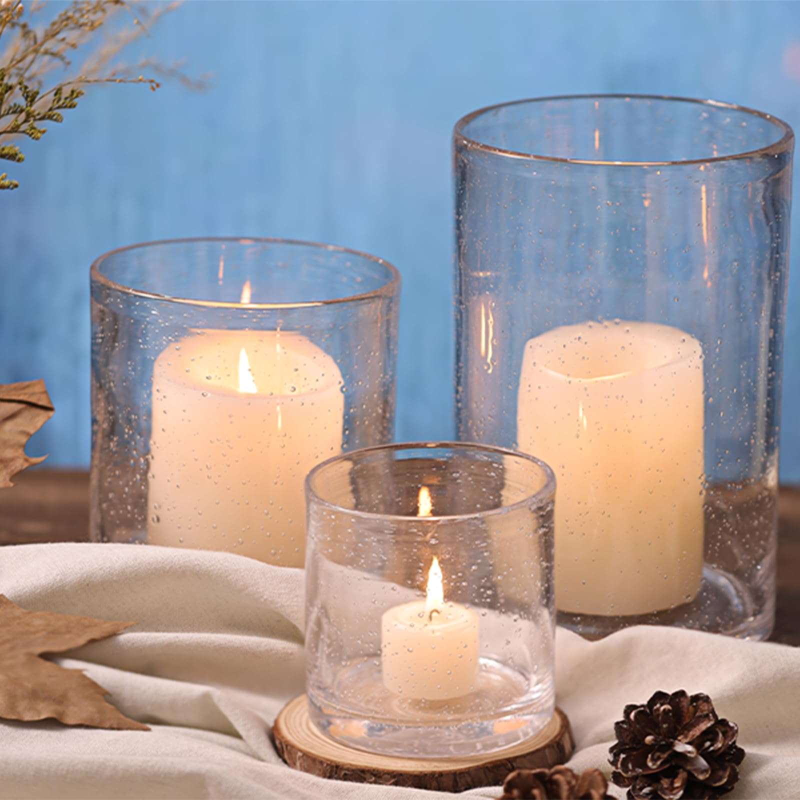 NITIME Hurricane Candle Holder Set of 3 Clear Candle Holders for Pillar Candles, Seeded Bubbles Glass Candle Holder for table centerpiece, Glass Cylinder Vases for Home, Patio and Wedding 8"4.7"3.5"H - Image 4