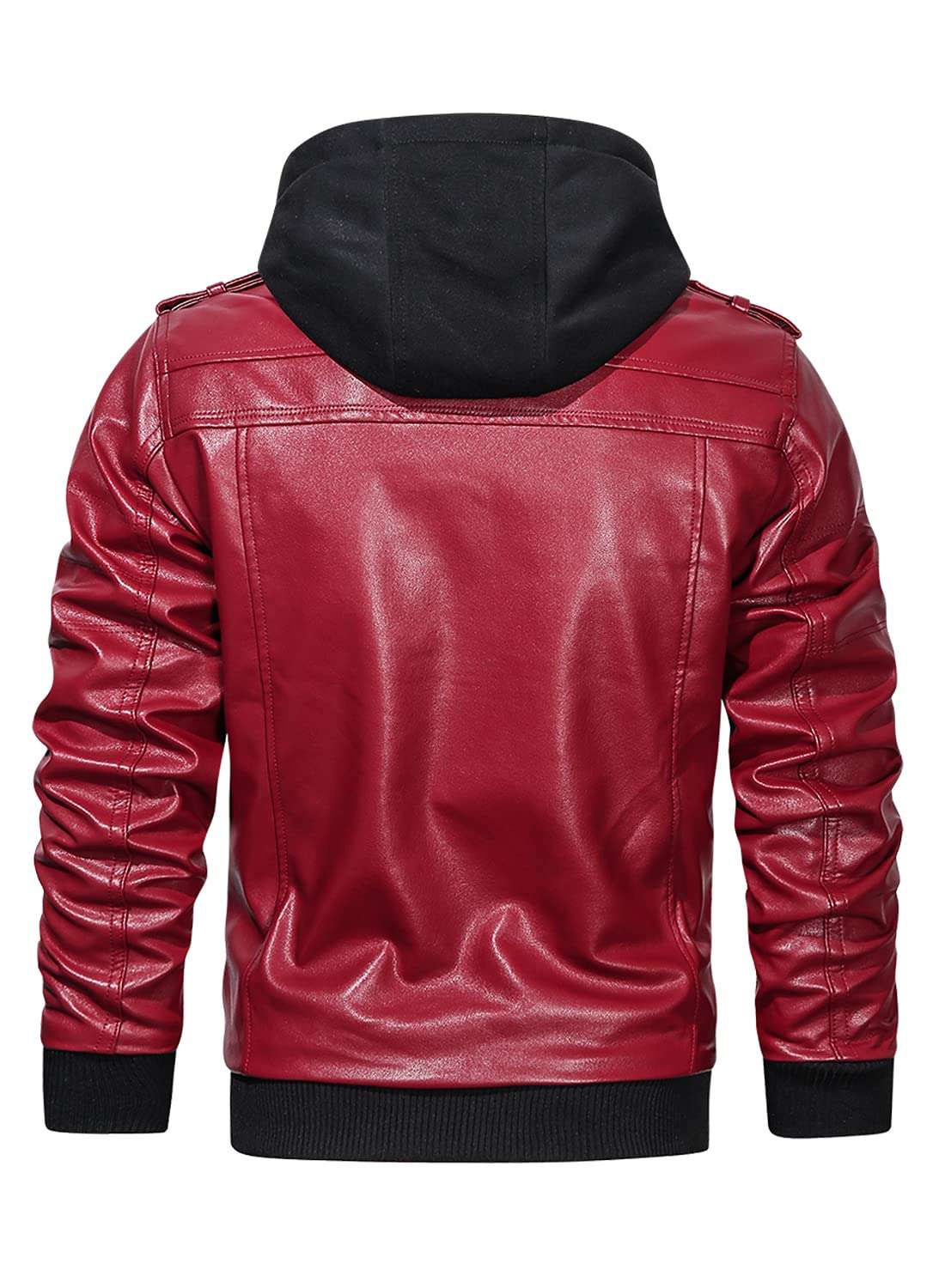 HOOD CREW Men’s Casual Stand Collar PU Faux Leather Zip-Up Motorcycle Bomber Jacket With a Removable Hood - Image 3