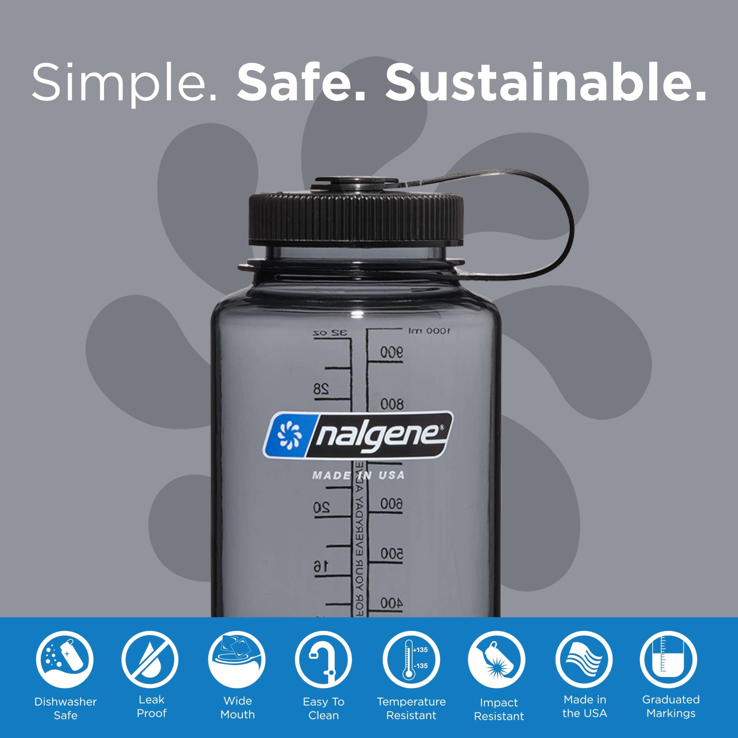 Nalgene Sustain Tritan BPA-Free Water Bottle, 32 OZ, Wide Mouth | Made with Material Derived From 50% Plastic Waste | using ISCC certified mass balance | Gray w/ Black Lid - Image 4