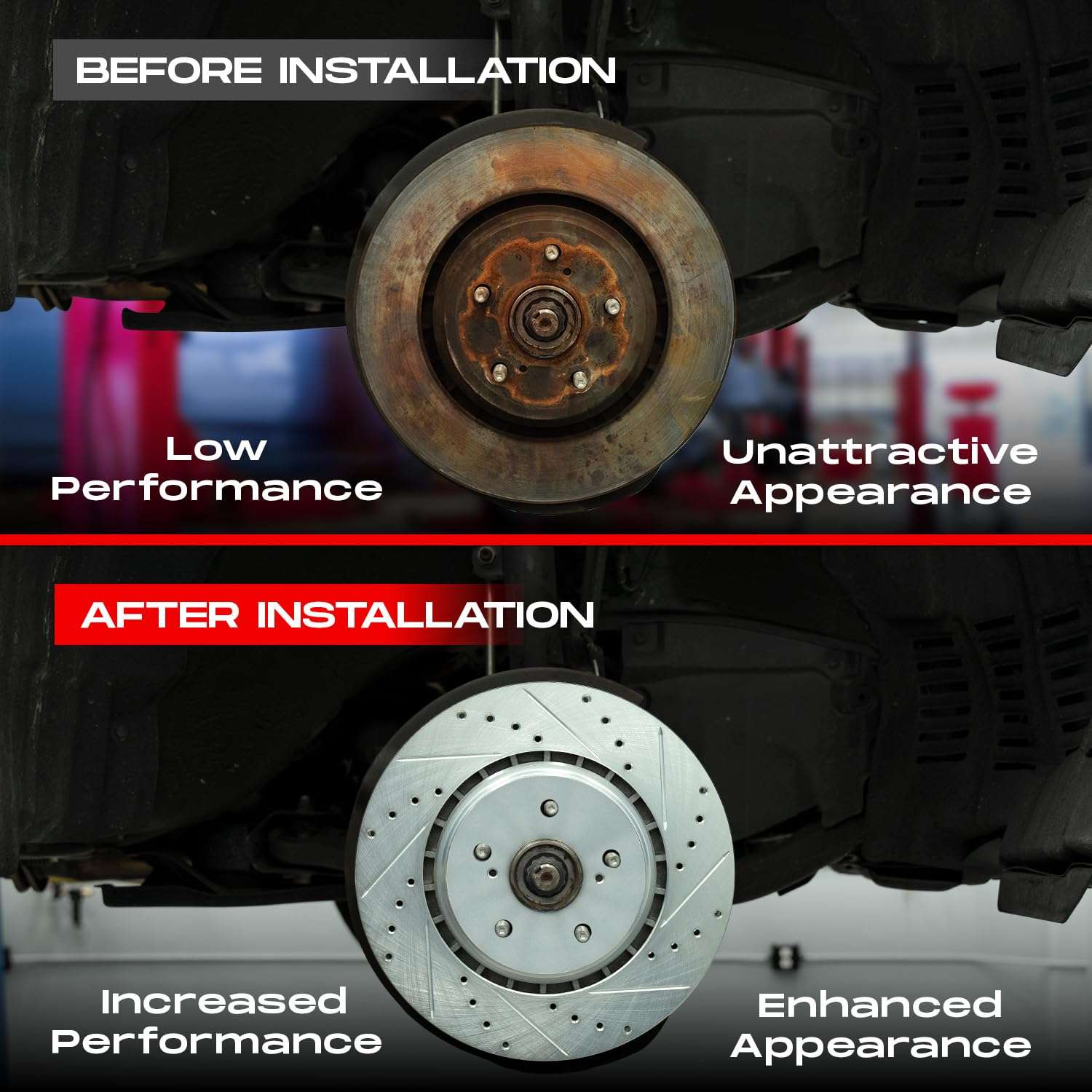 R1 Concepts Front and Rear Brake Kit For 2019-2022 Genesis G70, 2018-2021 Kia Stinger| Drilled Slotted Brake Rotors| Ceramic Brake Pads and Rotors Kit| Hardware included - Image 8