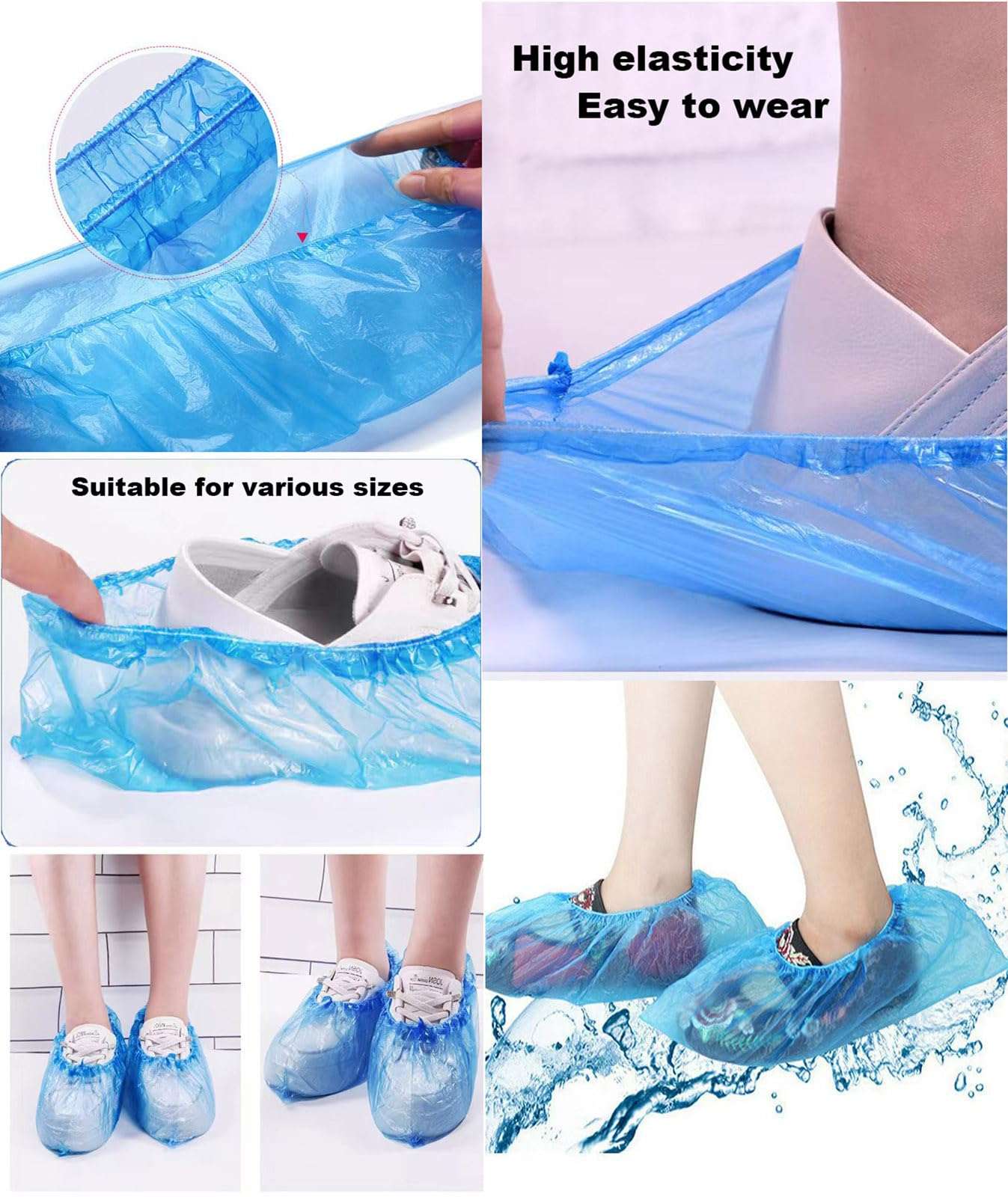 100 Pack Shoe Covers Disposable Non Slip, Premium Waterproof and Recyclable Shoe Booties Covers for Indoors, Fits Up To 9 US Men and 11 US Women Size, 50 Pairs Elastic Caps Plastic Shoe Covers - Image 5