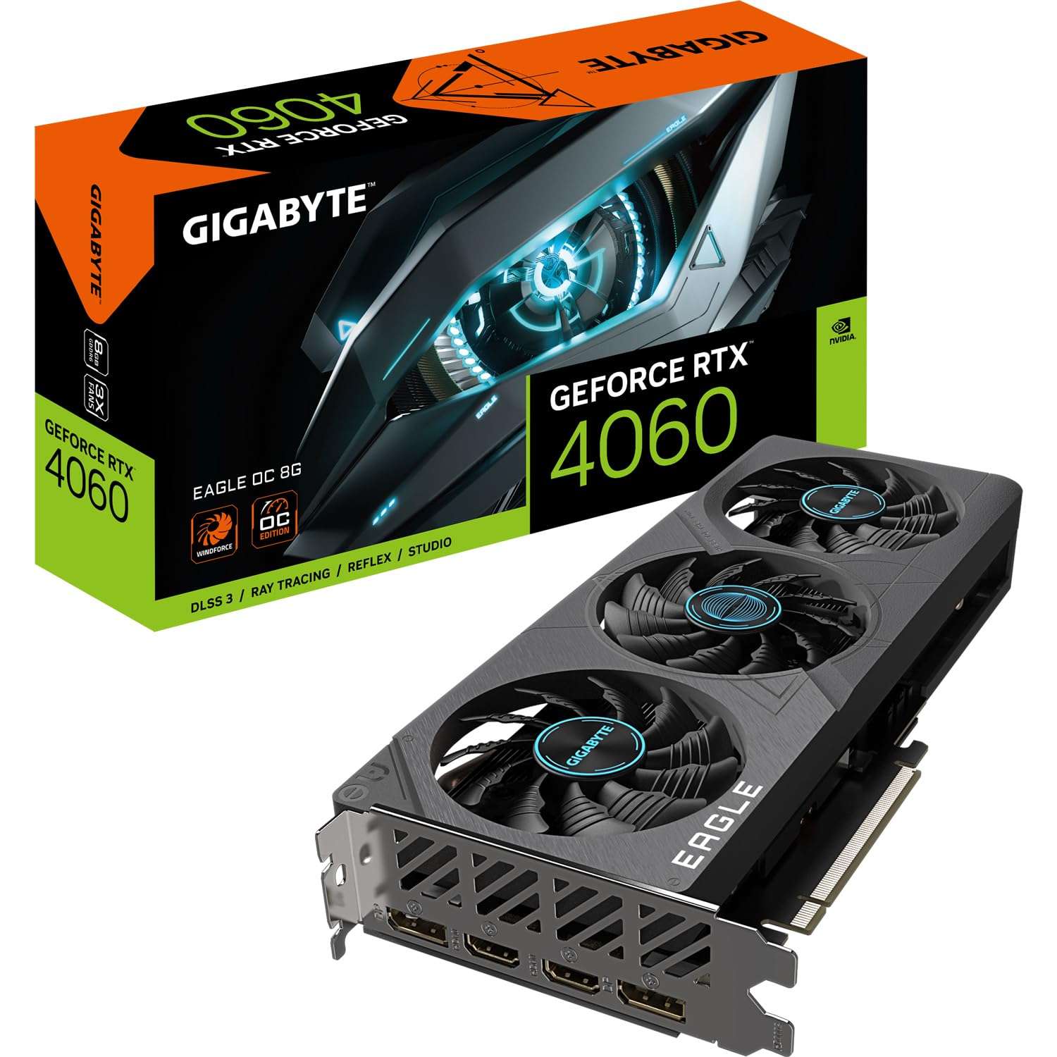 GIGABYTE NVIDIA GeForce RTX 4060 Eagle OC Graphics Card - 8GB GDDR6, 128-bit, PCI-E 4.0, 2505MHz Core Clock, 2X DP 1.4, 2X HDMI 2.1a, NVIDIA DLSS 3 - GV-N4060EAGLE OC-8GD - Image 1