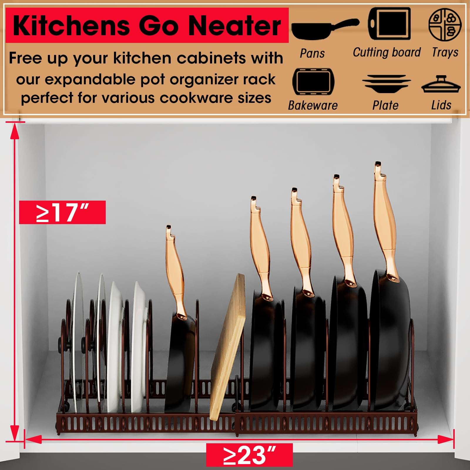 coneyaro Pots and Pans Organizer, Expandable Rack with 11 Dividers for Bakeware and Lid Storage (Black) - Image 7
