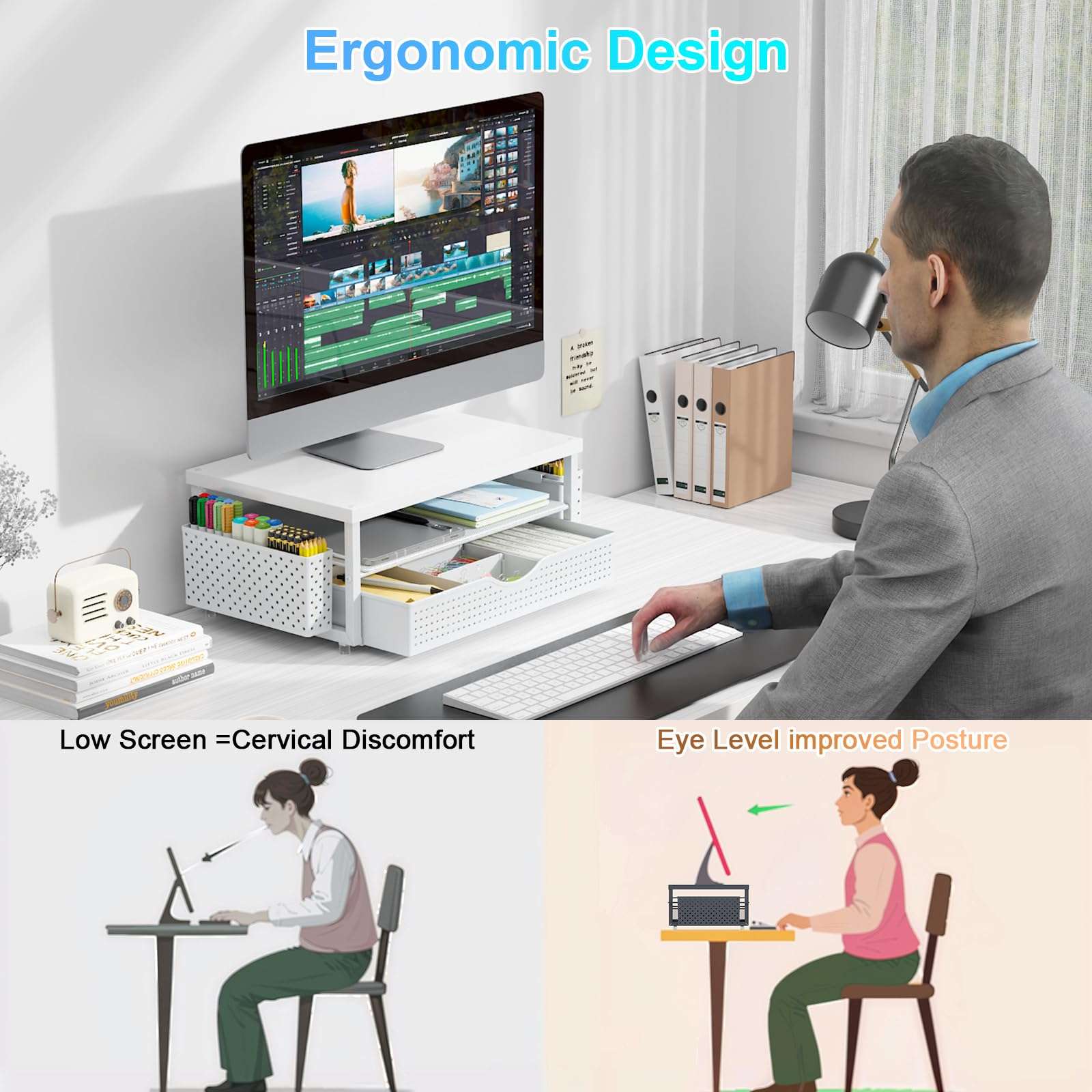gianotter Wood Monitor Stand Riser, Office Desk Shelf Organizer, Desk Organizer with Drawer and Pen Holder, 2-Tier Computer Stand, Office Organization (Matte White) - Image 4
