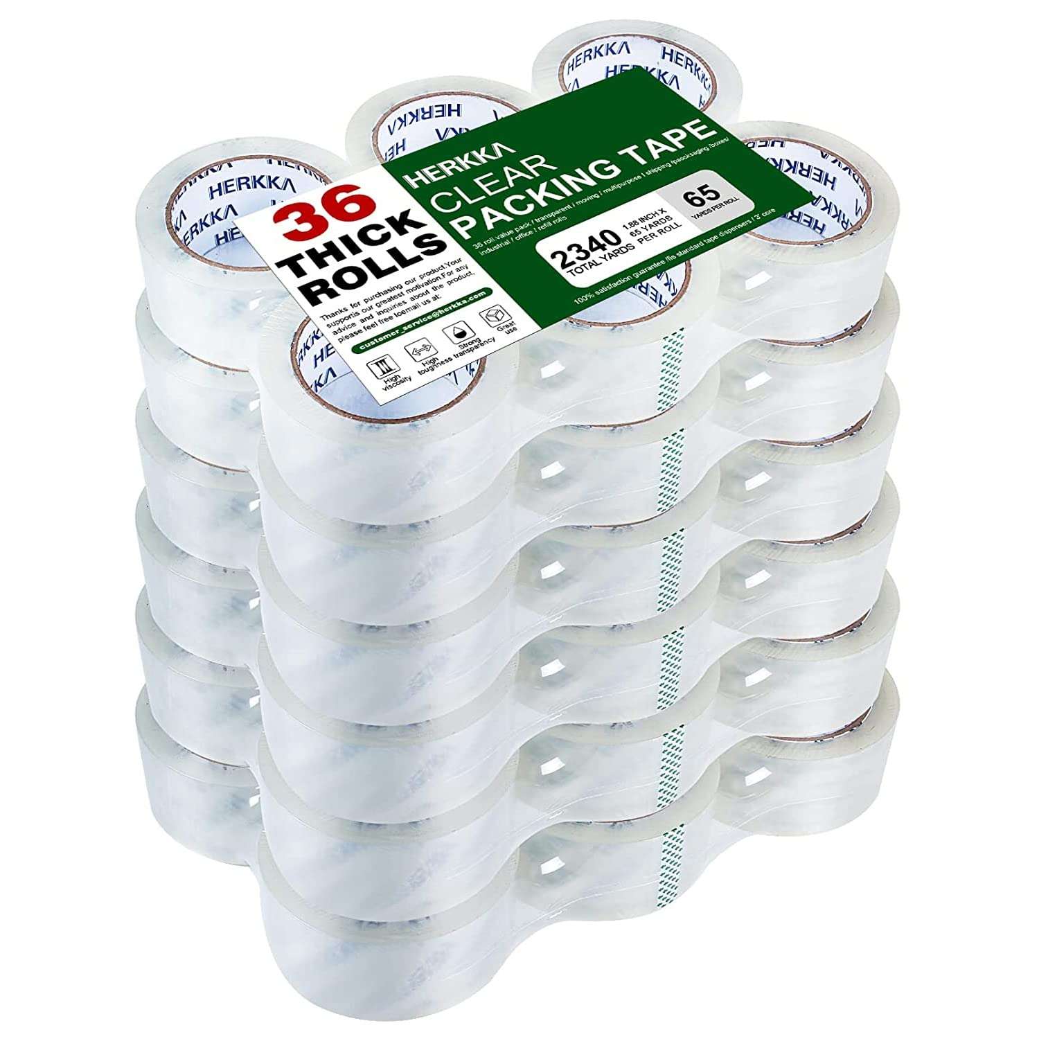 HERKKA Clear Packing Tape, 36 Rolls Heavy Duty Packaging Tape for Shipping Packaging Moving Sealing, Thicker Clear Packing Tape, 1.88 inches Wide, 65 Yards Per Roll, 2340 Total Yards - Image 1