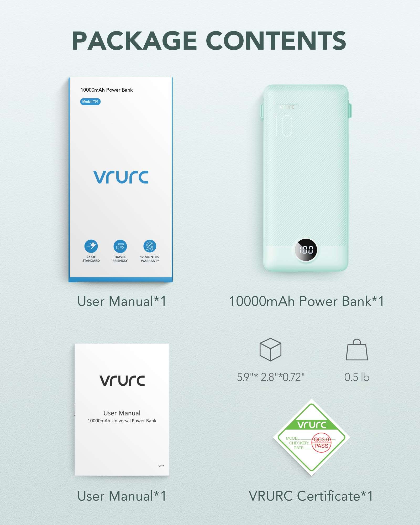 VRURC Portable Charger Built-in Cables and AC Wall Plug, USB C Power Bank 10000mAh, Travel Battery Portable Phone Charger Compact Lightweight External Battery Pack for Smart Phones, Tablets etc-Green - Image 8
