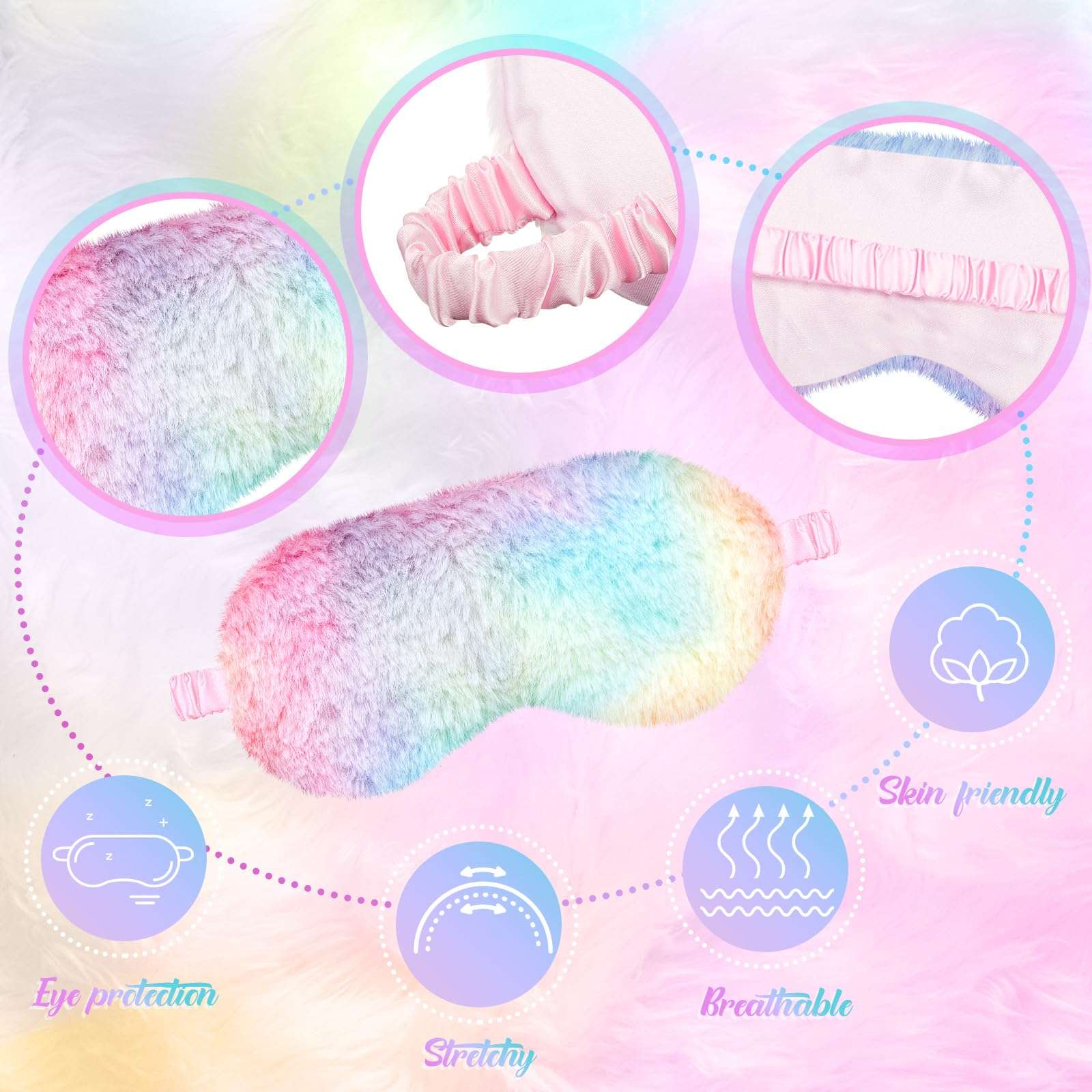 Cuffbow 6 Pcs Plush Sleep Eye Mask Silk Furry Eye Covers for Sleeping Cute Sleep Mask Fluffy Comfortable Sleeping Blindfold for Travel Sleepover Nap Party Supply Girls Women(Rainbow) - Image 4