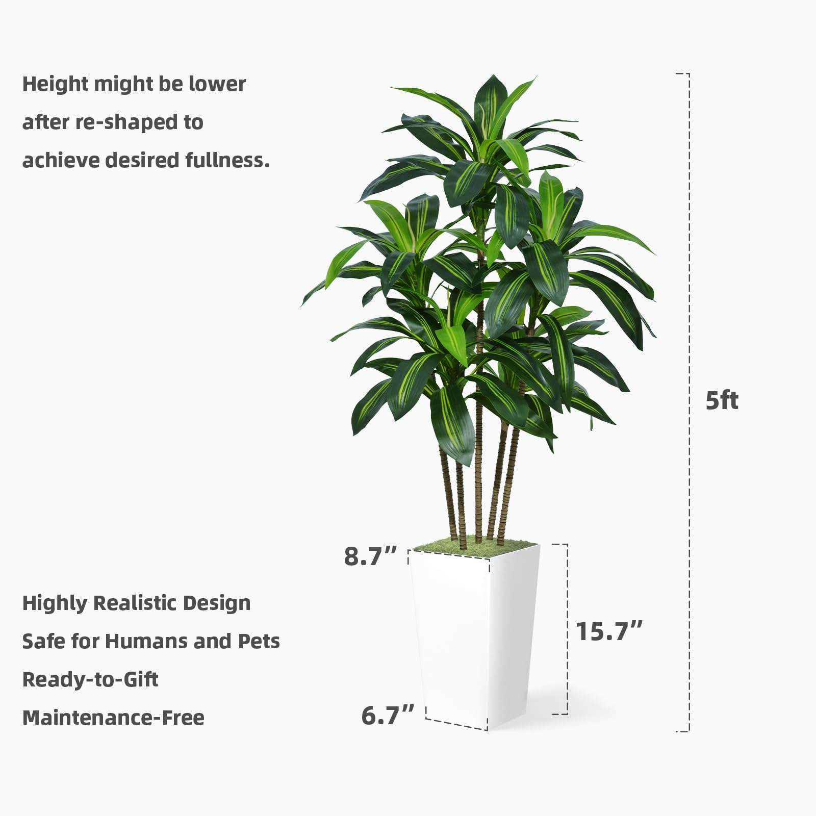 ASTIDY Artificial Dracaena Tree 5FT - Faux Tree with White Tall Planter - Fake Tropical Yucca Floor Plant in Pot - Artificial Silk Tree for Home Office Living Room Decor Indoor - Image 3