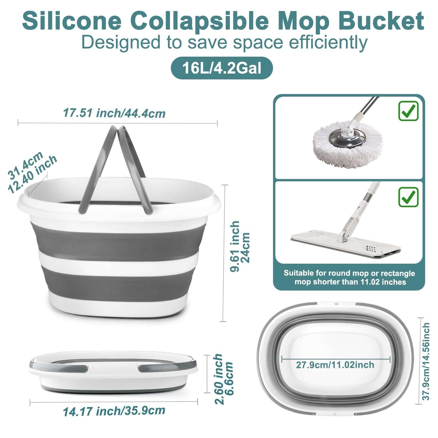 Collapsible Mop Bucket with Handle for Cleaning, 16L(4.2 Gallon) Silicone Square Mopping Bucket for Windows Cleaning or Car Washing, Cleaning Supplies Organizer Plastic Bucket for Storage, 2 Pack - Image 2