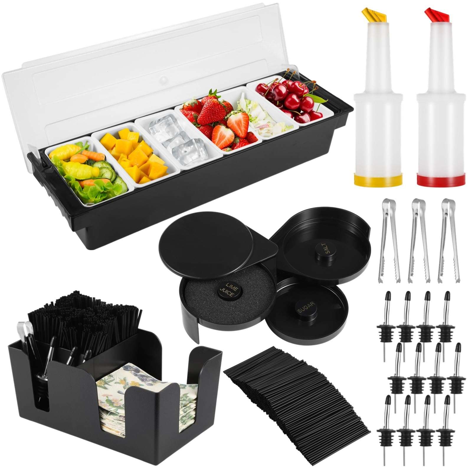 Bar Garnish Tray with Lid - 6-Grid Fruit Container, 3-Tier Bar Rimmers, 12 Stainless Steel Classic Bottle Pourers, 2 Plastic Juice Pour Bottles, 1000 Count Cocktail Stirrers, 3 Serving Tongs Set - Image 1