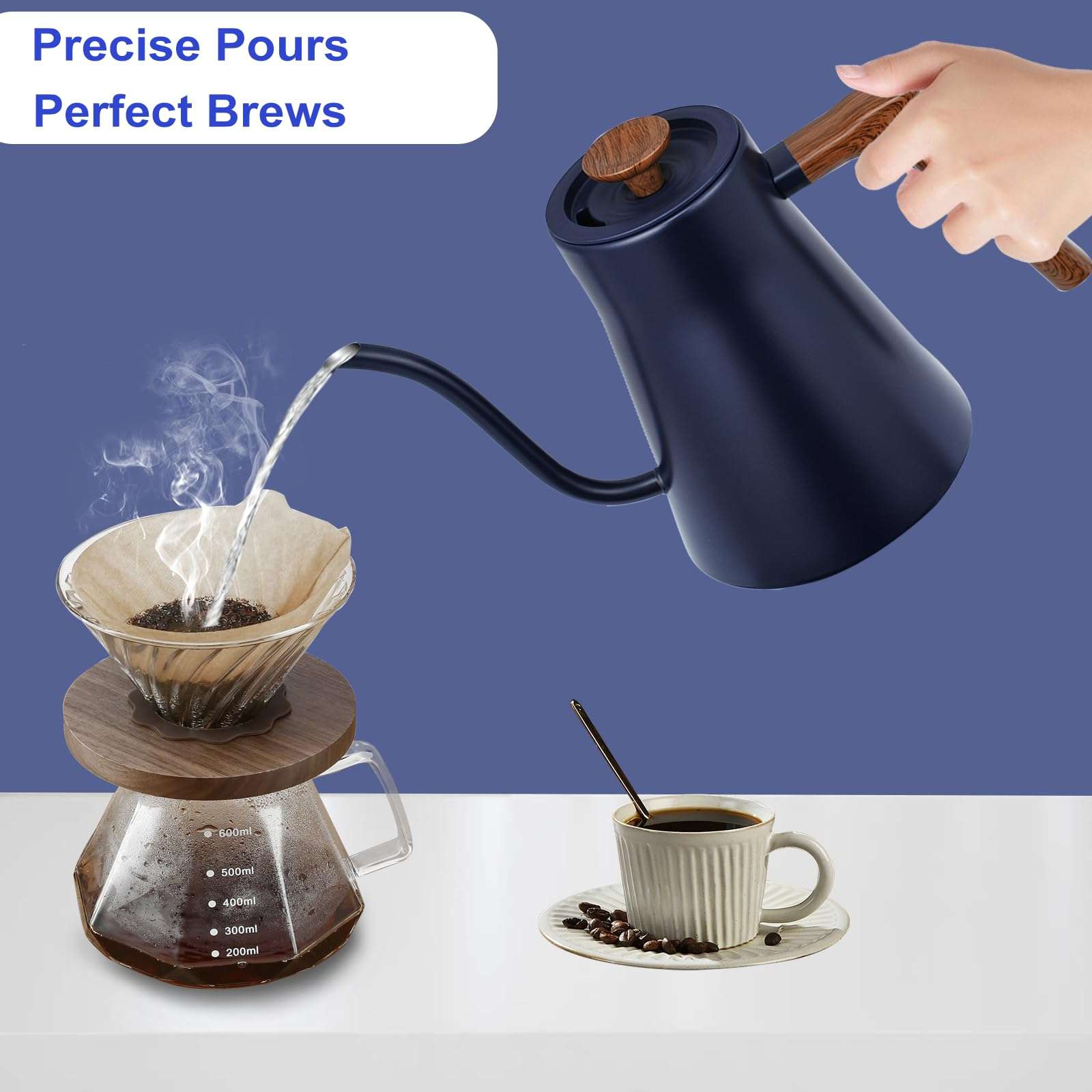 Gooseneck Electric Kettle - 1200W Quick Boil, Temp Control with 5 Presets & ±5℉ Adjustment, Accurate Pouring, 24oz Small Pour Over Coffee & Tea Kettle, 2H Auto Keep Warm, Stainless Steel, Blue - Image 2