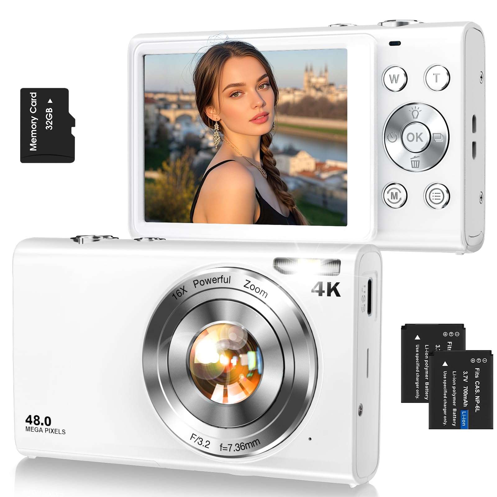 Digital Camera,Autofocus 4K Vlogging Camera for Photography with 32GB Card,48MP Portable Compact Point and Shoot Digital Camera for Teens Adult Beginner with 16X Zoom,Anti-Shake,2 Batteries(White) - Image 1