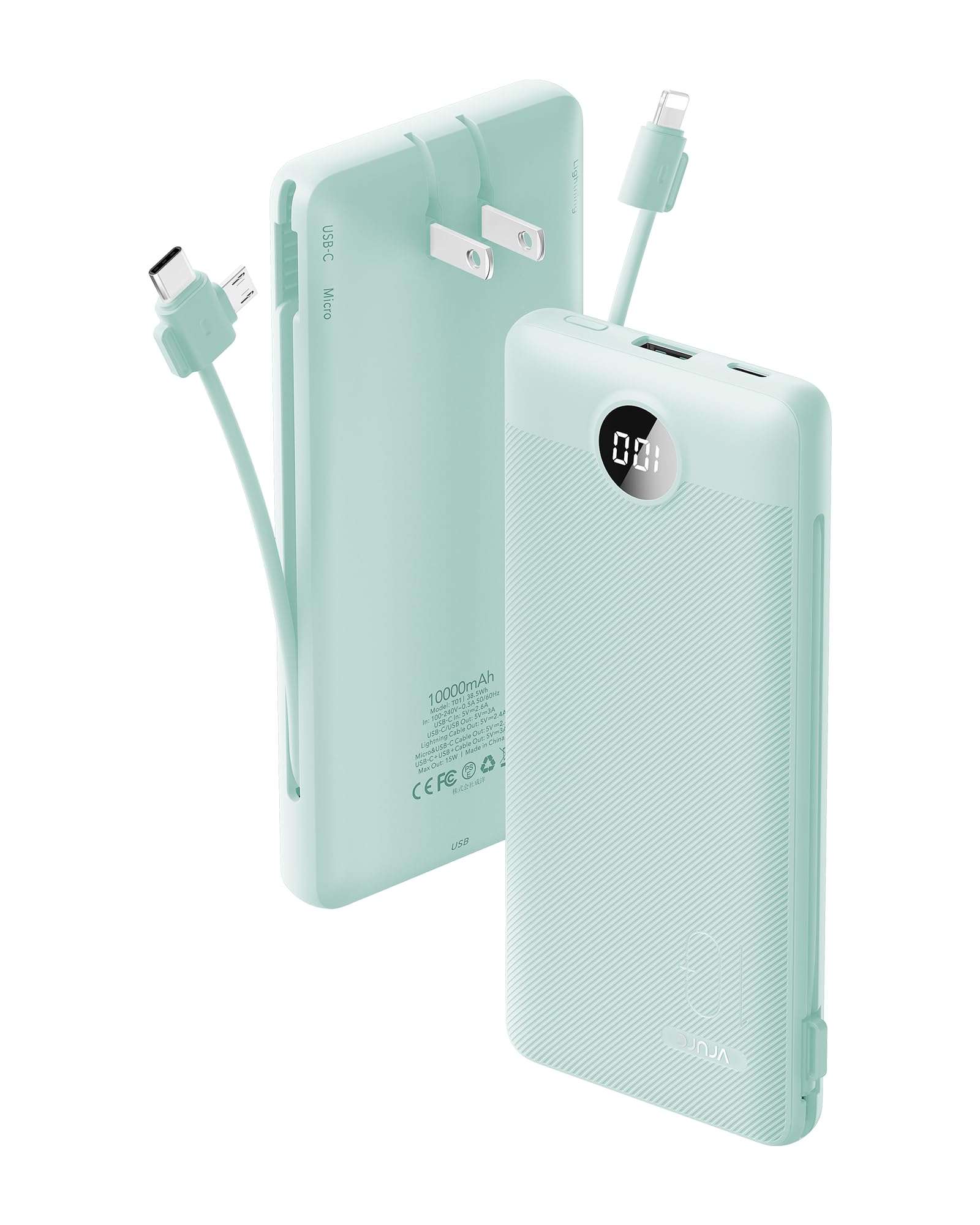 VRURC Portable Charger Built-in Cables and AC Wall Plug, USB C Power Bank 10000mAh, Travel Battery Portable Phone Charger Compact Lightweight External Battery Pack for Smart Phones, Tablets etc-Green - Image 1
