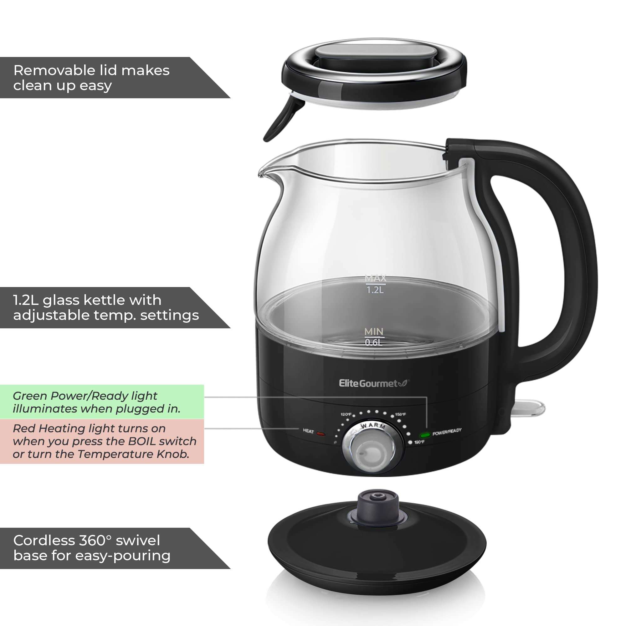 Elite Gourmet EKT1220B 1.2L Electric BPA-Free 1200W Glass Kettle, Temperature Dial Keep Warm Function, Cordless 360° Base, Blue LED Interior, Auto Shut-Off Function – Quick Boil, Black - Image 3