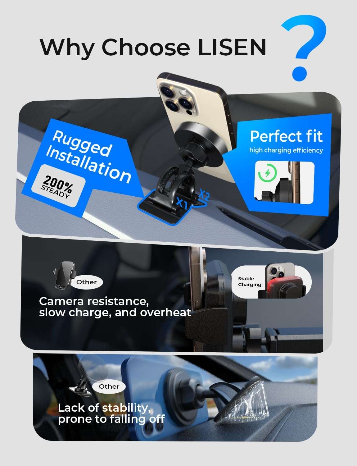 LISEN for 15W MagSafe Car Mount Charger,Magnetic Wireless Car Charger for iPhone 17 Pro Max Accessories,Magnetic Phone Holder for iPhone 17 Air Pro Max Plus 16 15 14 13 12,Samsung S25/24 with MagSafe - Image 6