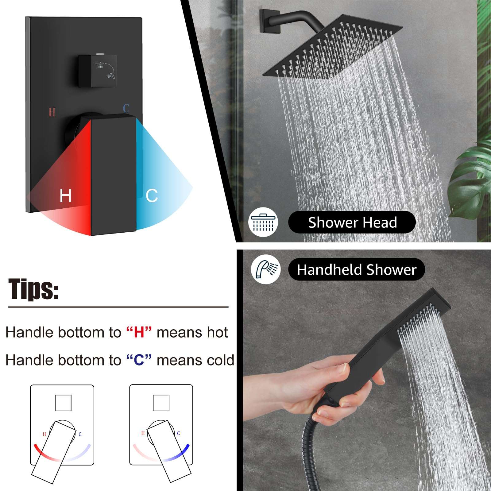 Midanya Shower Faucet Set,Wall Mount Shower System with Square Rain Shower Head and Hand Sprayer, Rough-in Valve Body and Trim Kit Included,8 Inch,Matte Black - Image 4