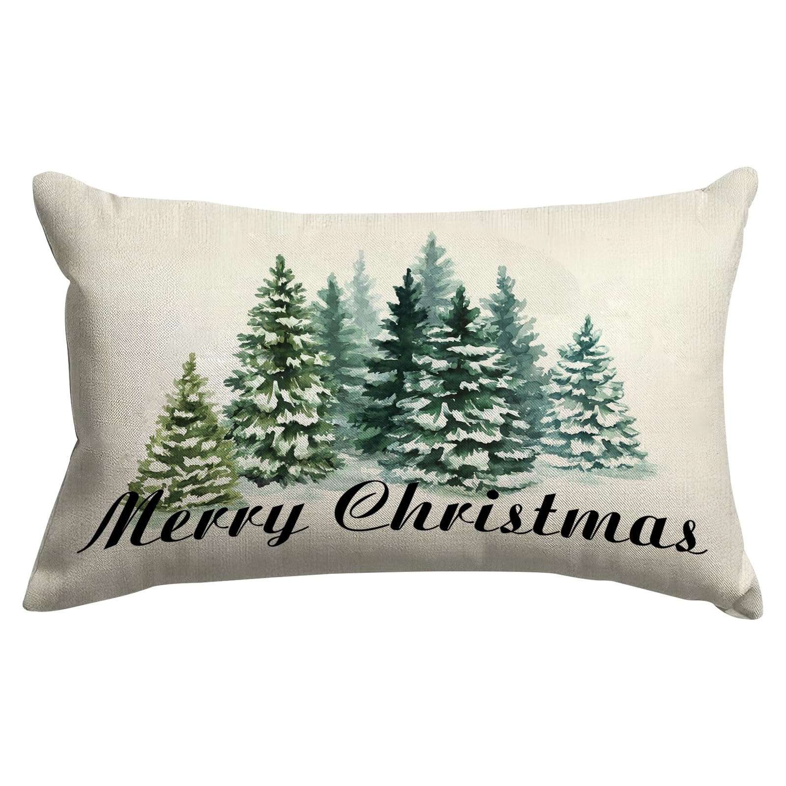 GOOESING Merry Christmas Pillow Covers 16x24 Inch Watercolor Green Christmas Tree Nature Forest Linen Decorative Throw Pillow Cover Cushion Case for Indoor Outdoor Home Sofa Bedroom Living Room - Image 1