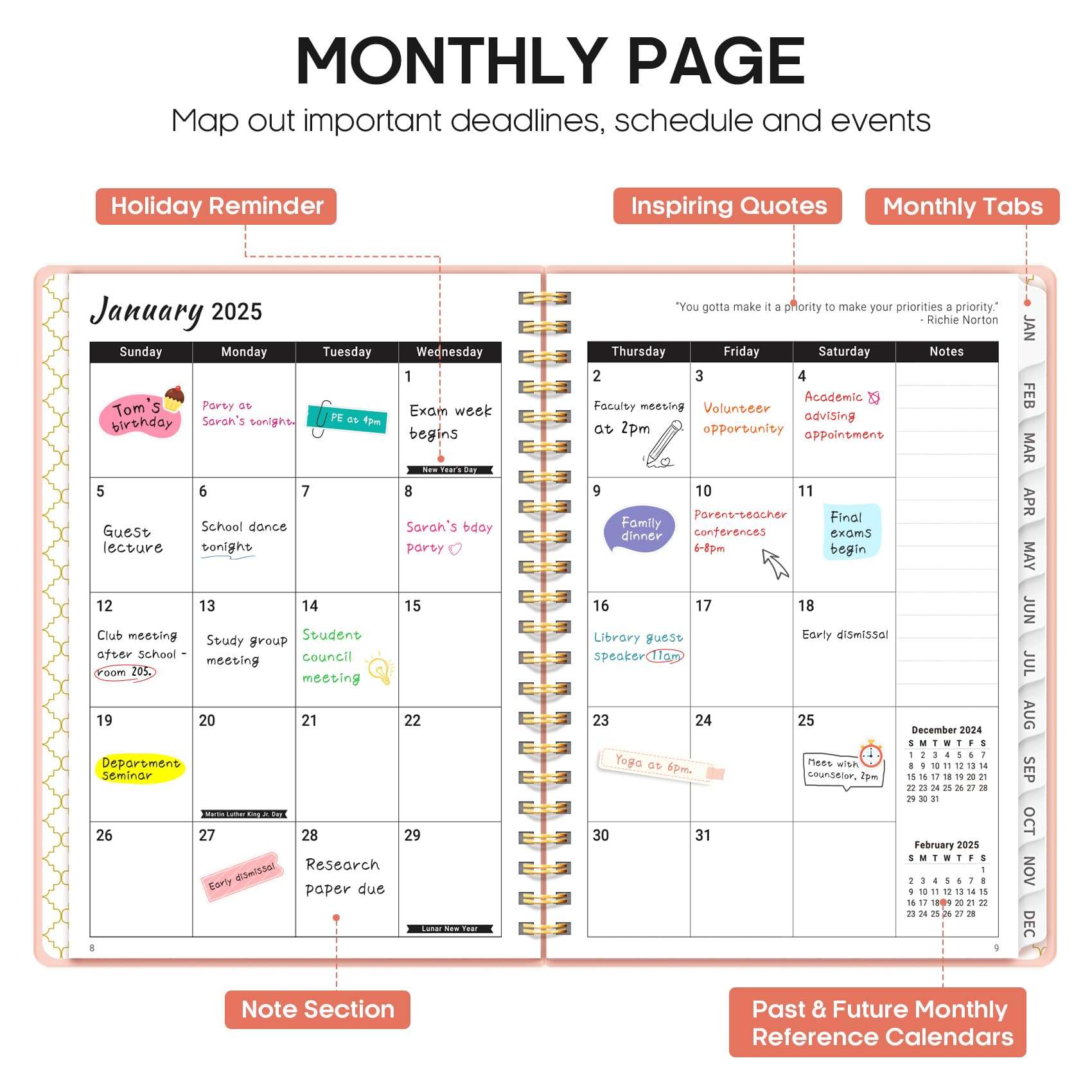 2025 Planner - Weekly and Monthly Planner Spiral Bound, January 2025 - December 2025, Hardcover 2025 Calendar Planner Book with Tabs, Inner Pocket, Perfect for Office Home School Supplies - A5 (6.3" x 8.5"), Pink - Image 4